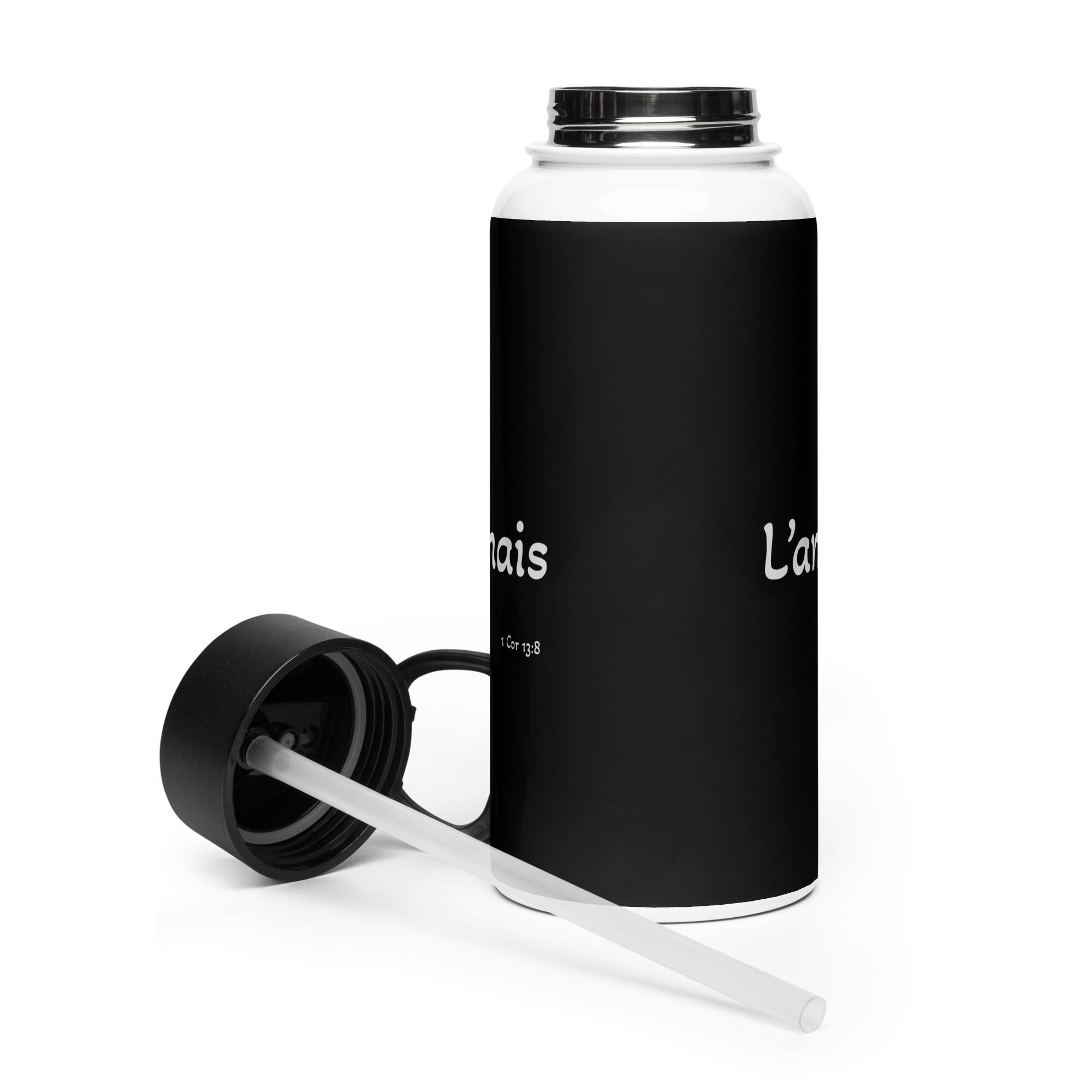 Bouteille d'eau en acier inoxydable avec paille "L’amour ne meurt jamais" – Image 2