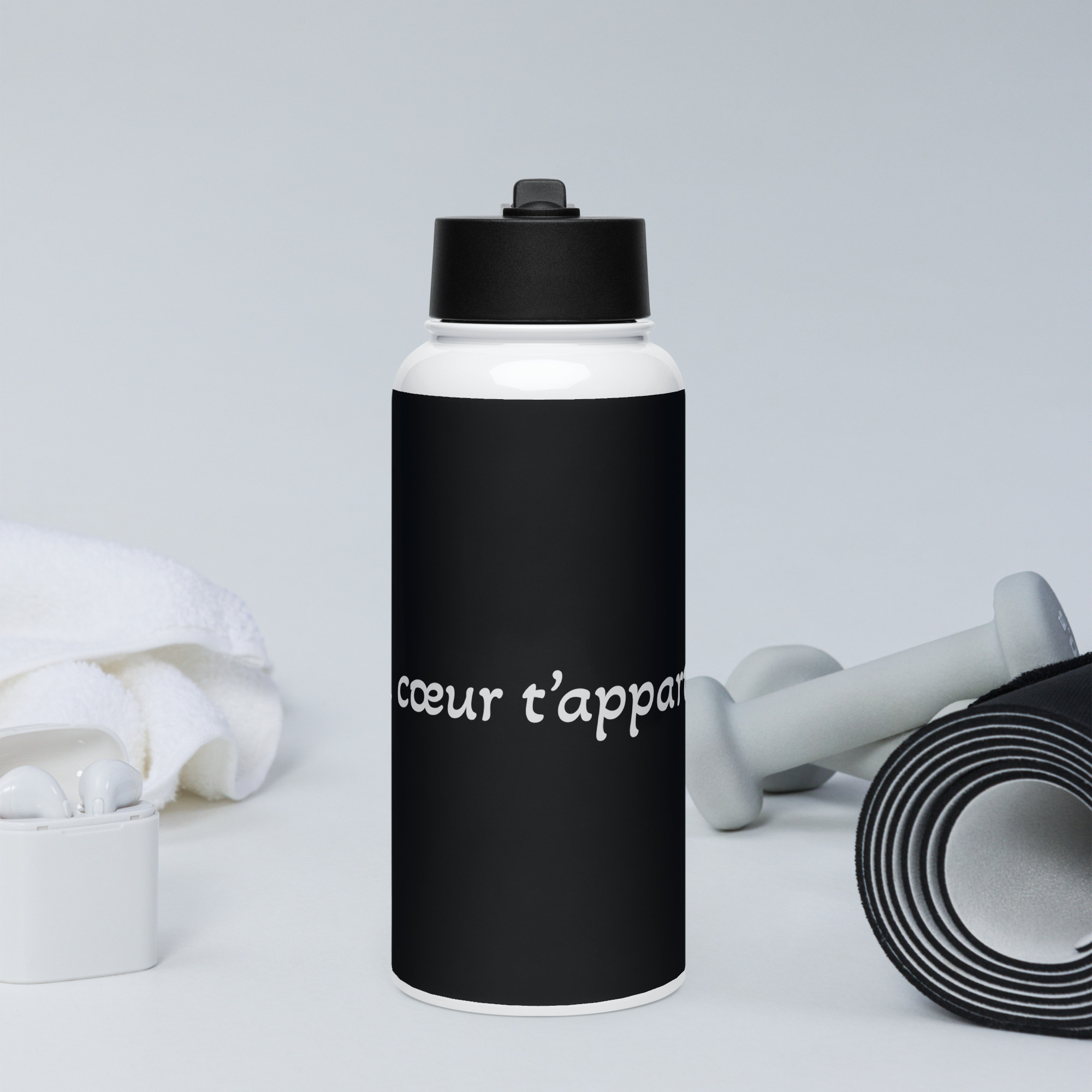 Bouteille d'eau en acier inoxydable avec paille "Mon cœur t’appartient"