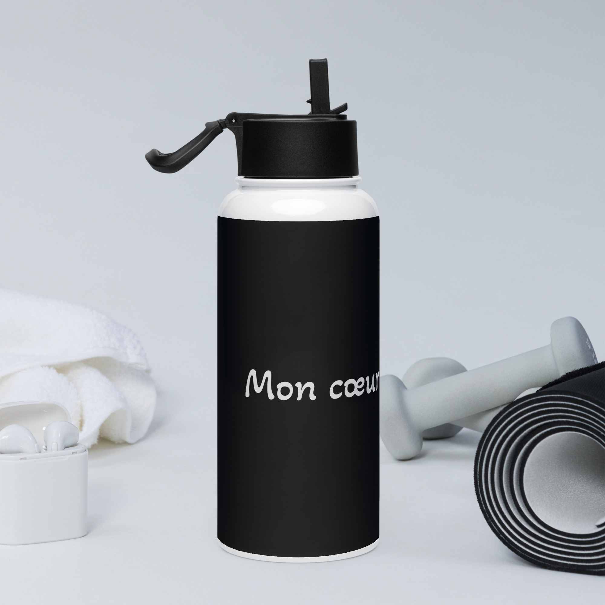 Bouteille d'eau en acier inoxydable avec paille "Mon cœur t’appartient" – Image 2