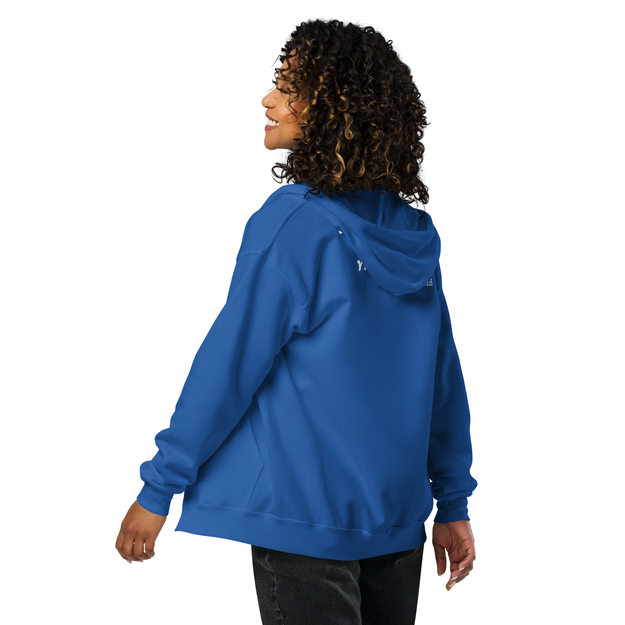 Sweat à capuche zippé unisexe KHAWNAN bleu roi, parole « Toutes choses concourent à mon bien », vue de dos.