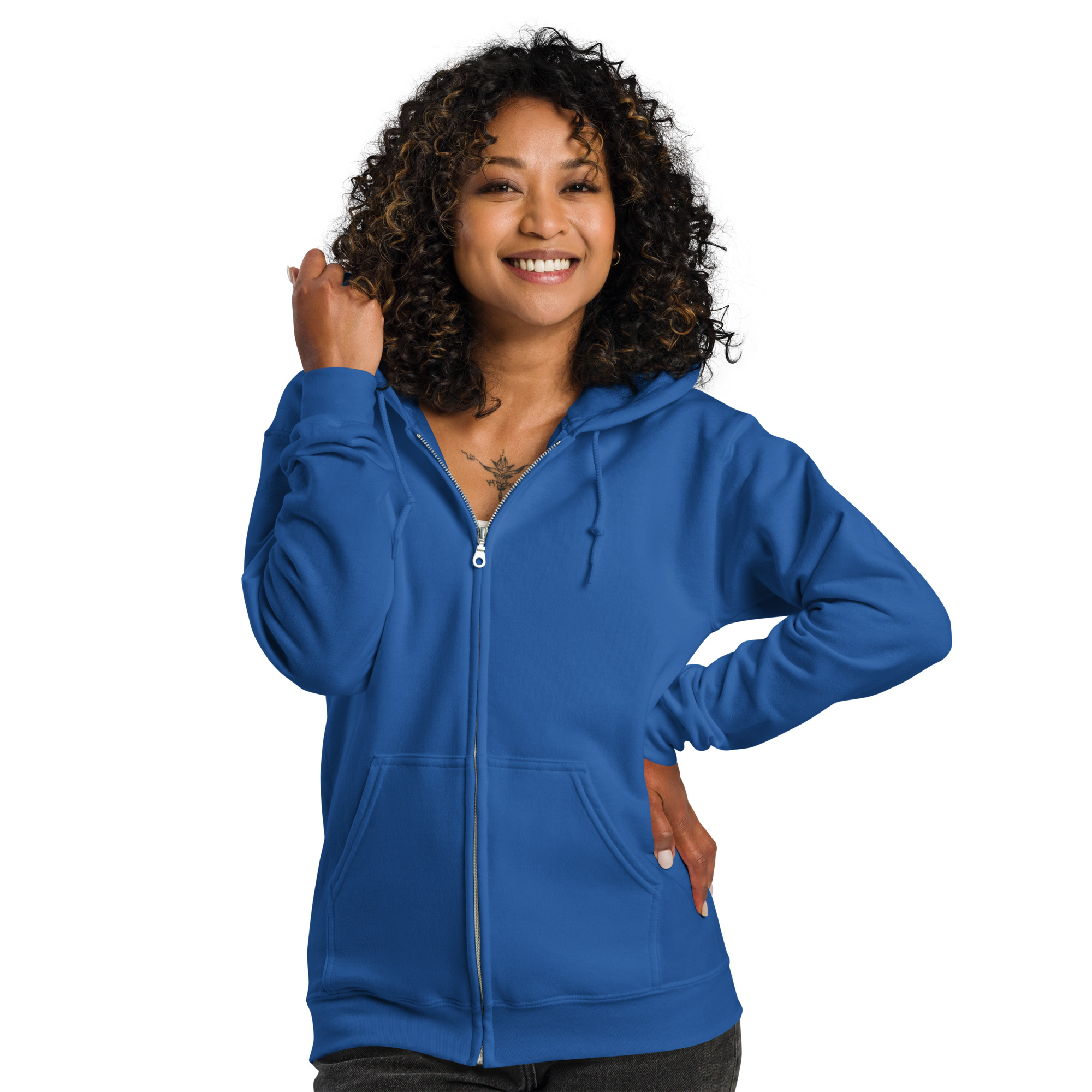 Sweat à capuche zippé unisexe KHAWNAN bleu roi, parole « Toutes choses concourent à mon bien », vue de face.