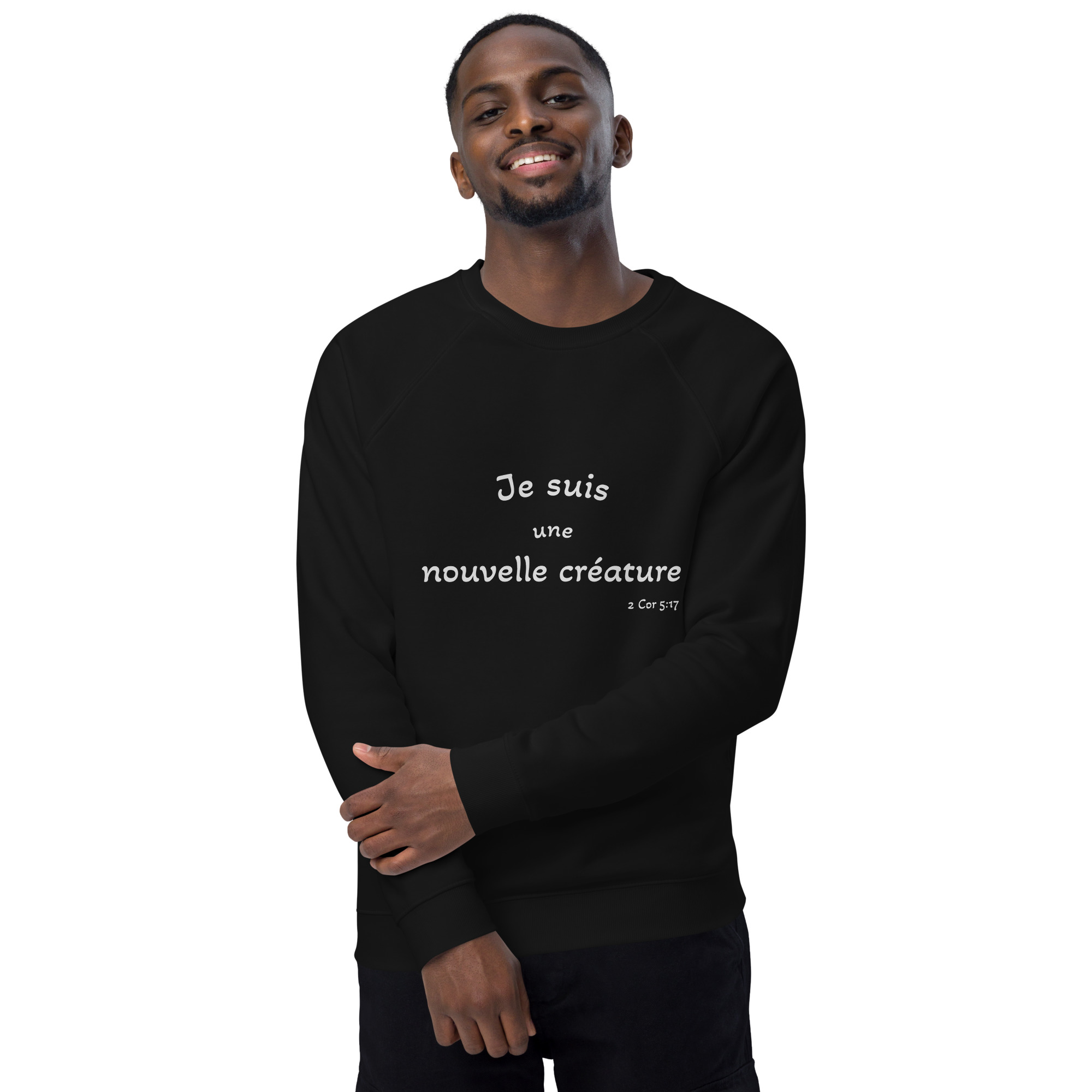 Sweatshirt écologique raglan unisexe "Je suis une nouvelle créature"