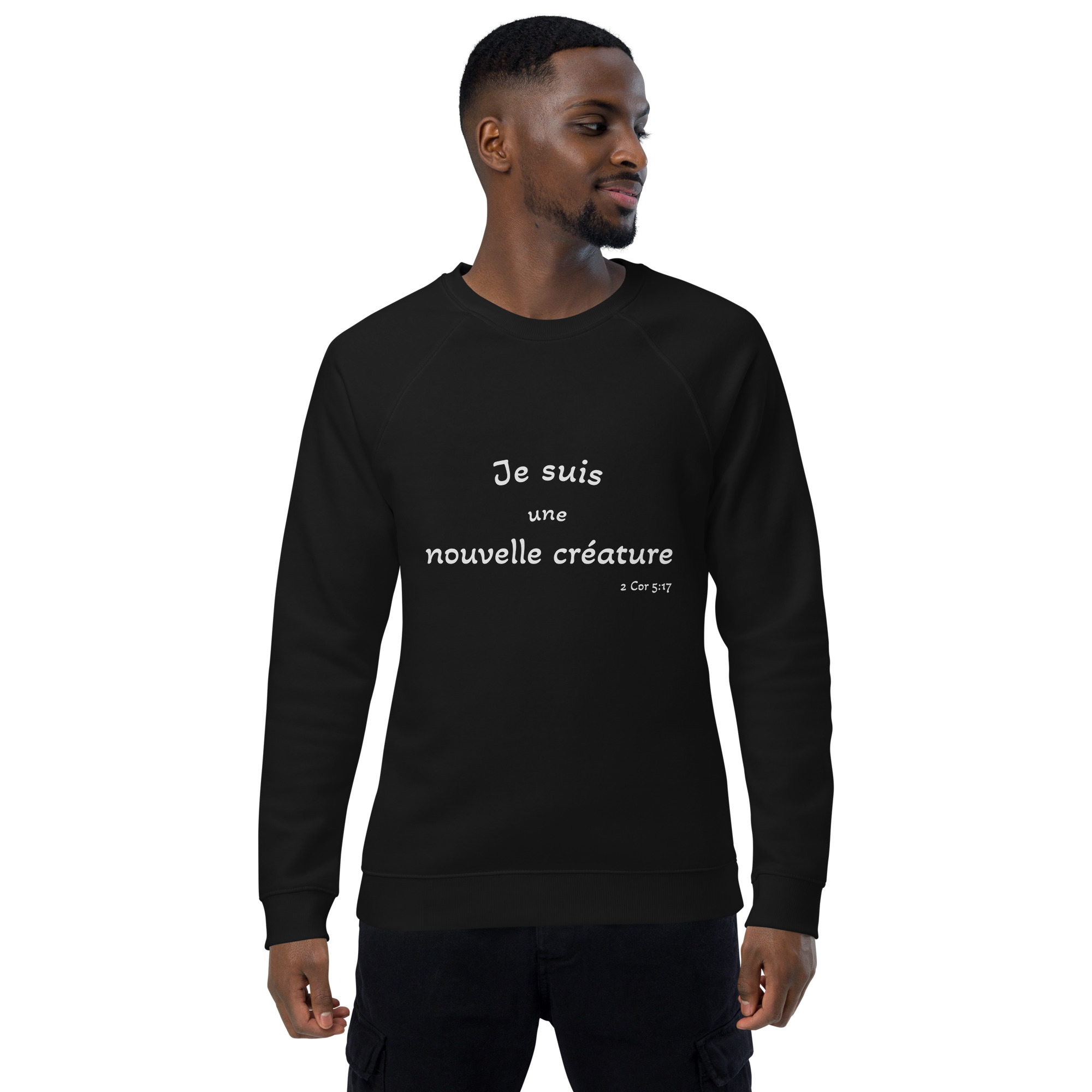 Sweatshirt écologique raglan unisexe "Je suis une nouvelle créature" – Image 2
