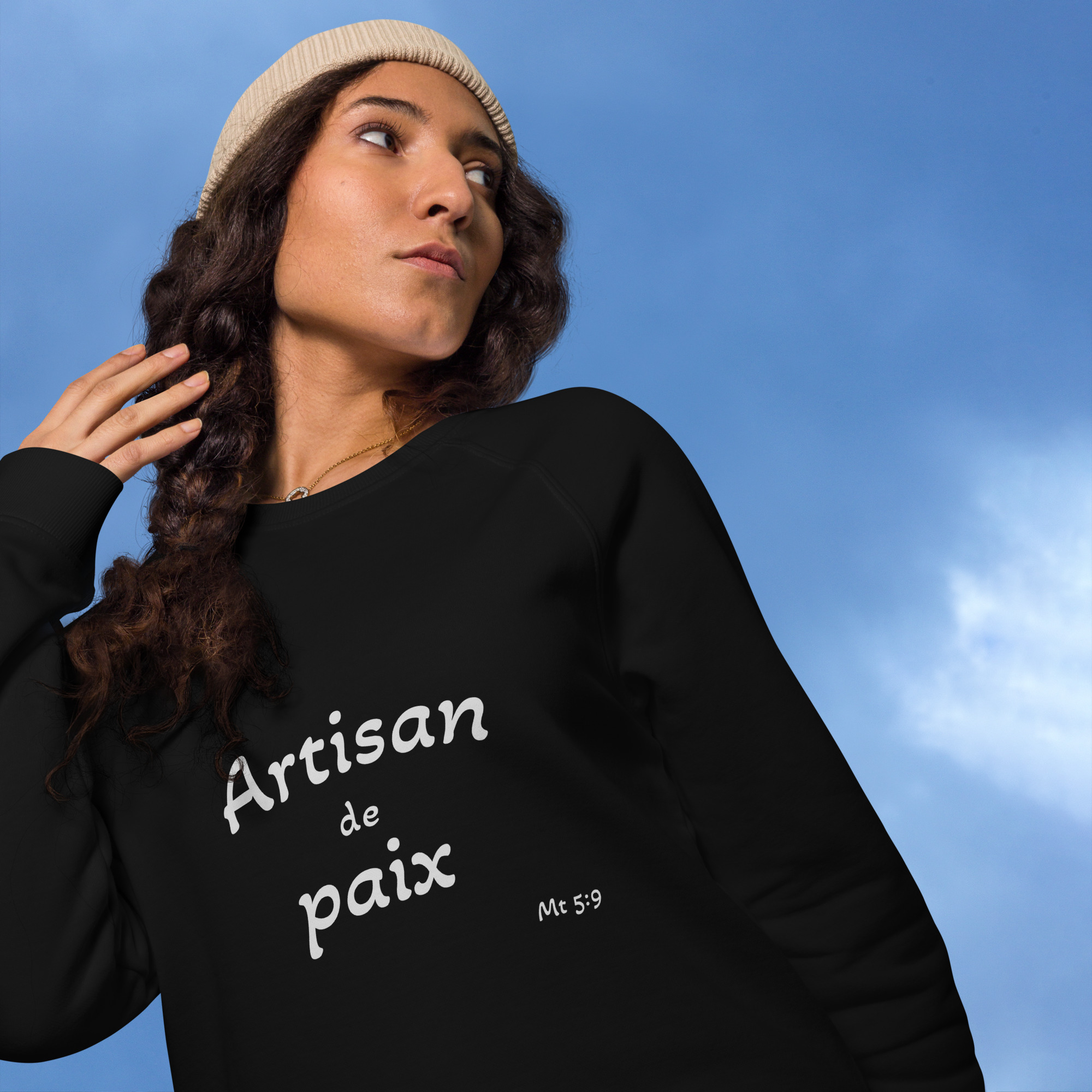Sweatshirt écologique raglan unisexe "Artisan de paix" – Image 2