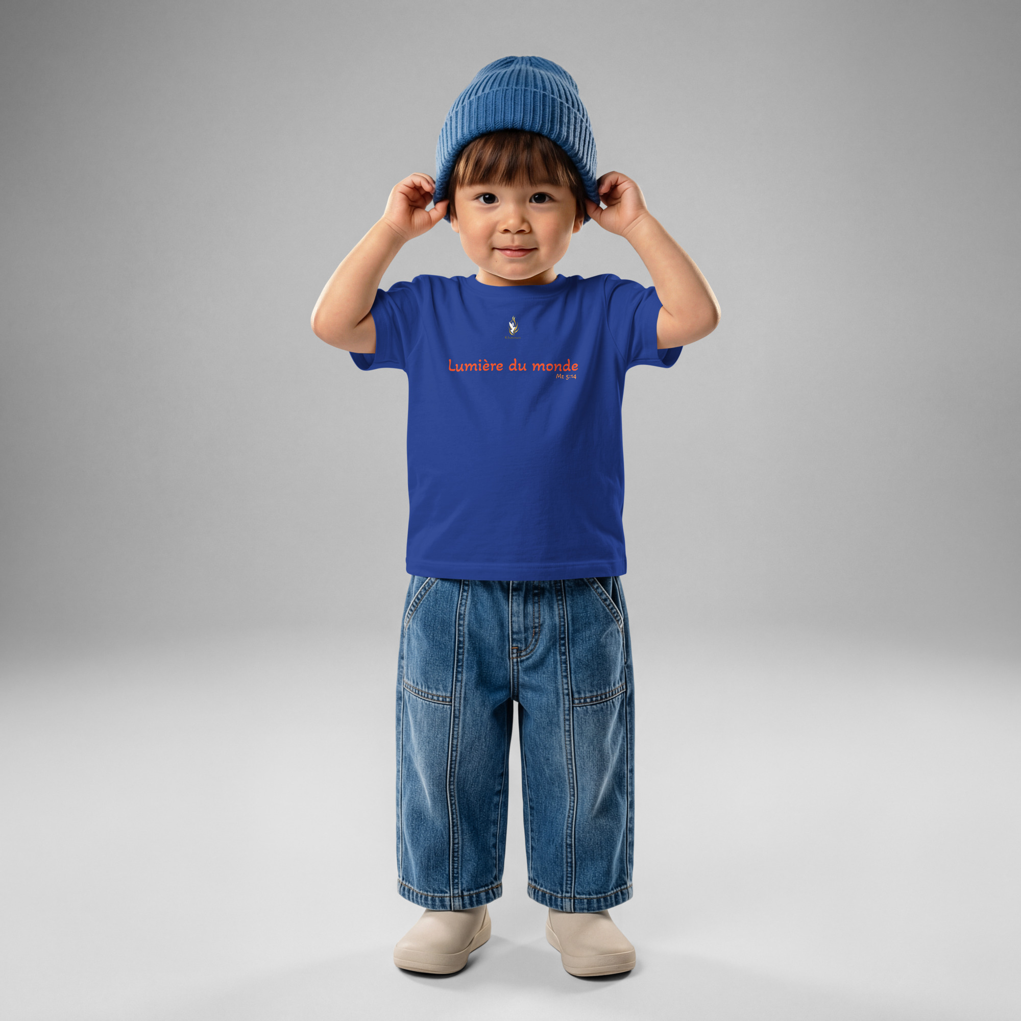 T-shirt bébé KHAWNAN bleu roi, parole « Lumière du monde », vue de face.