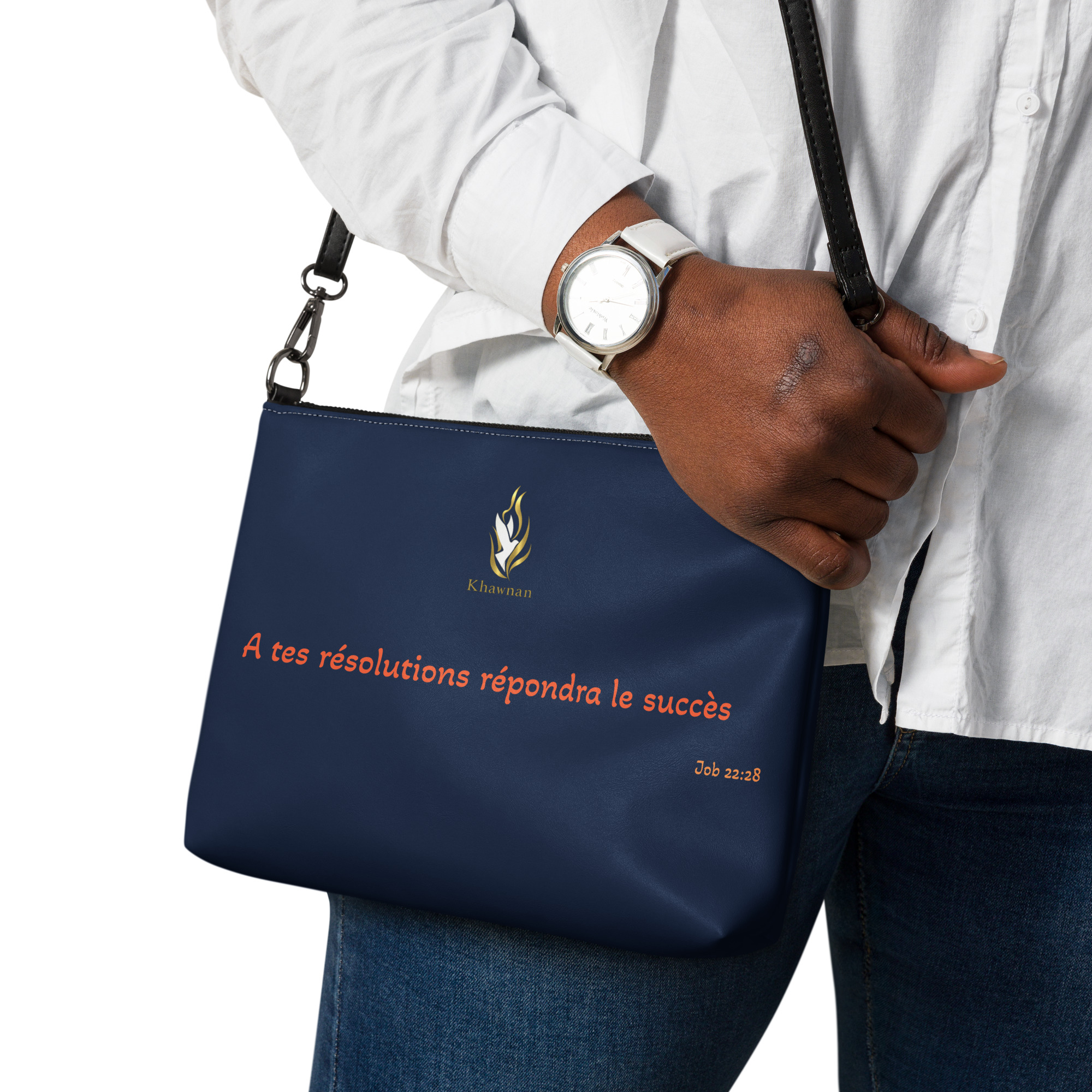 Sac en bandoulière KHAWNAN blanc, parole « À tes résolutions répondra le succès ».