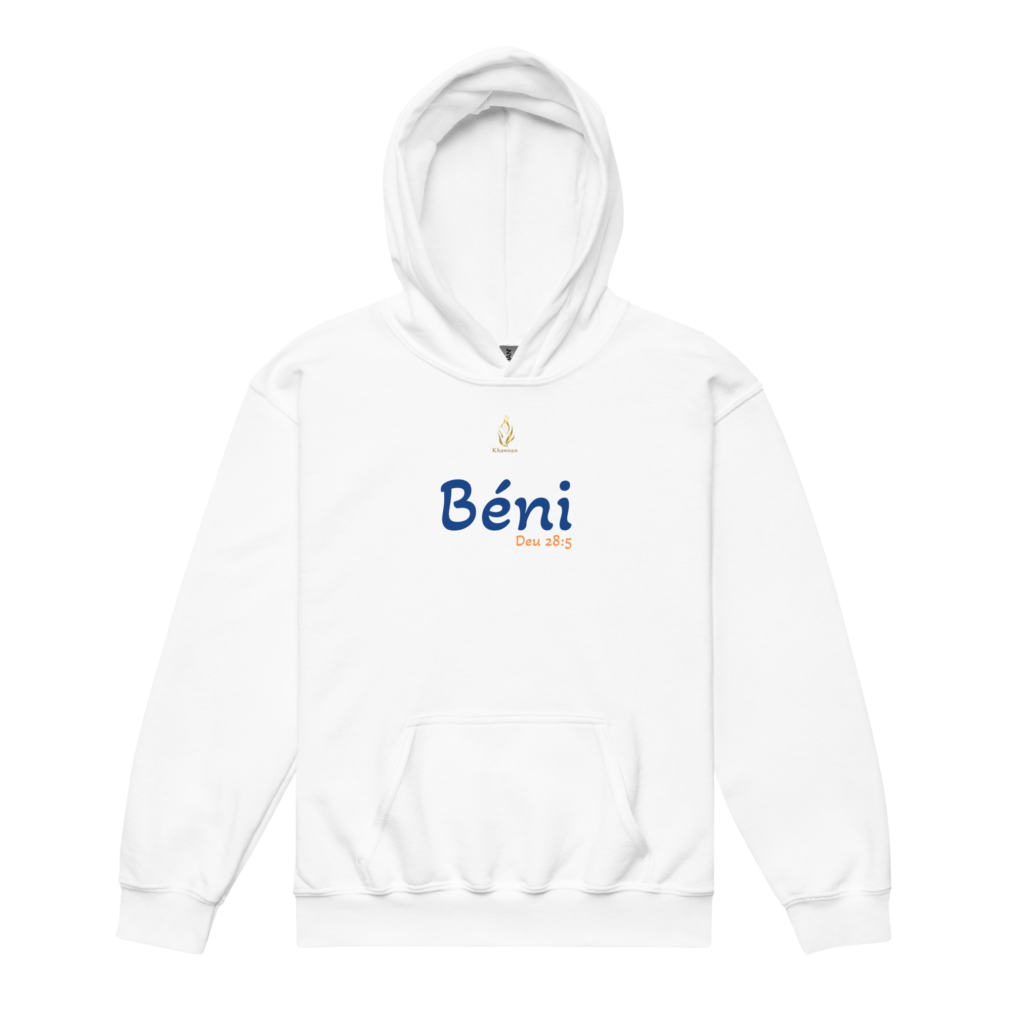 Sweat à capuche enfant KHAWNAN blanc, parole « Béni », vue de face.