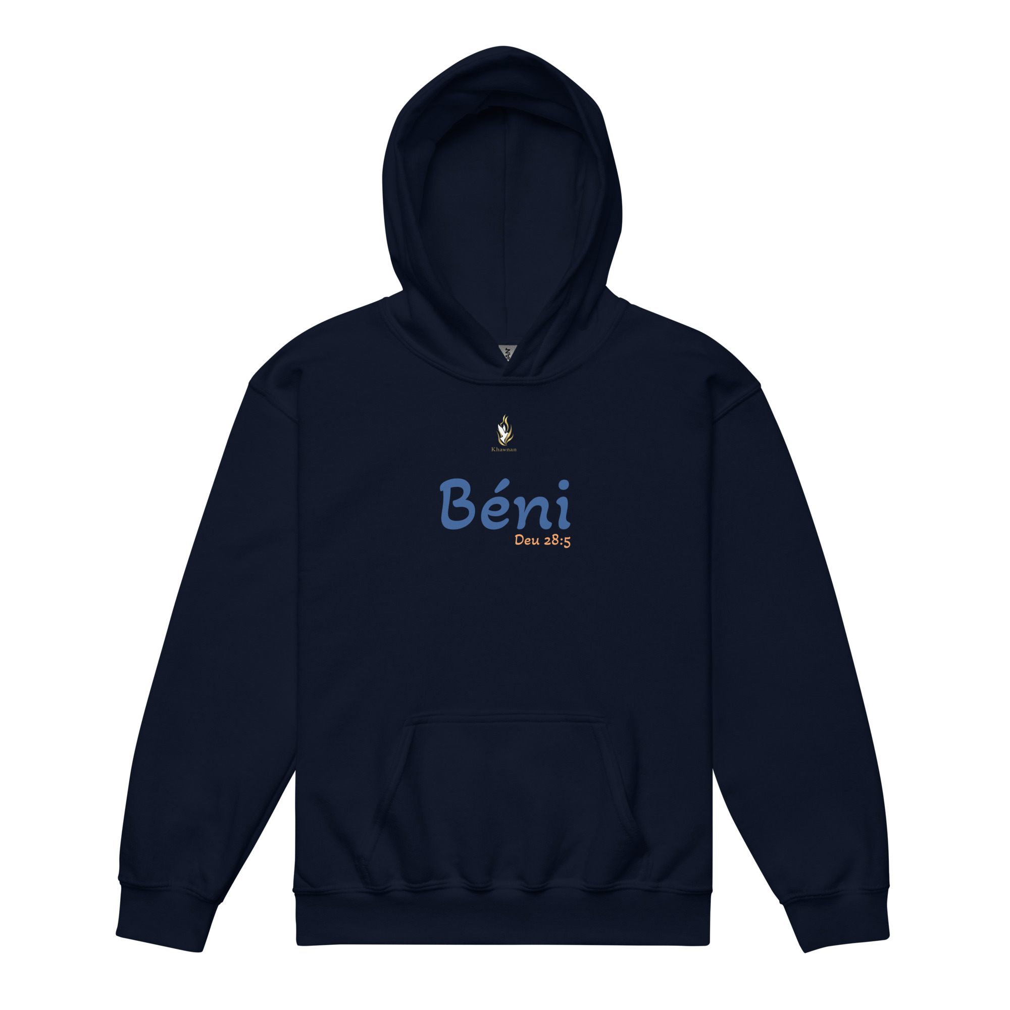 Sweat à capuche enfant KHAWNAN bleu marine, parole « Béni », vue de face.