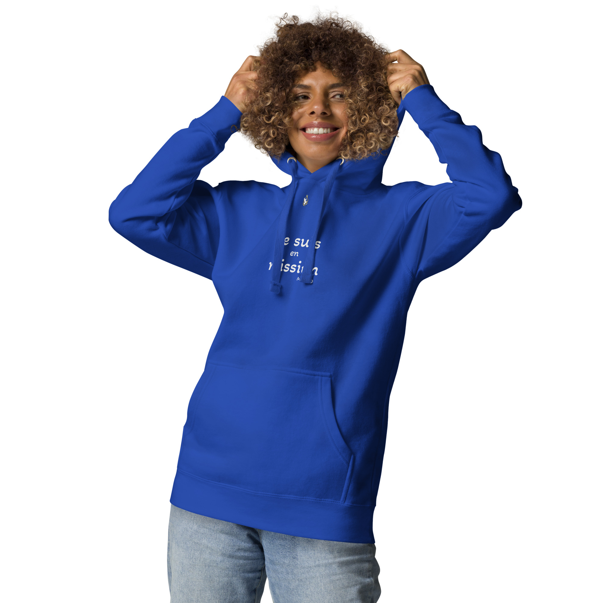 Sweat à capuche unisexe KHAWNAN bleu roi vif, parole « Je suis en mission », vue de face.