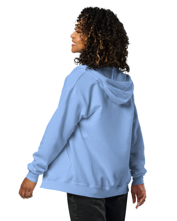 Sweat à capuche zippé unisexe KHAWNAN bleu, parole « Artisan de paix ».
