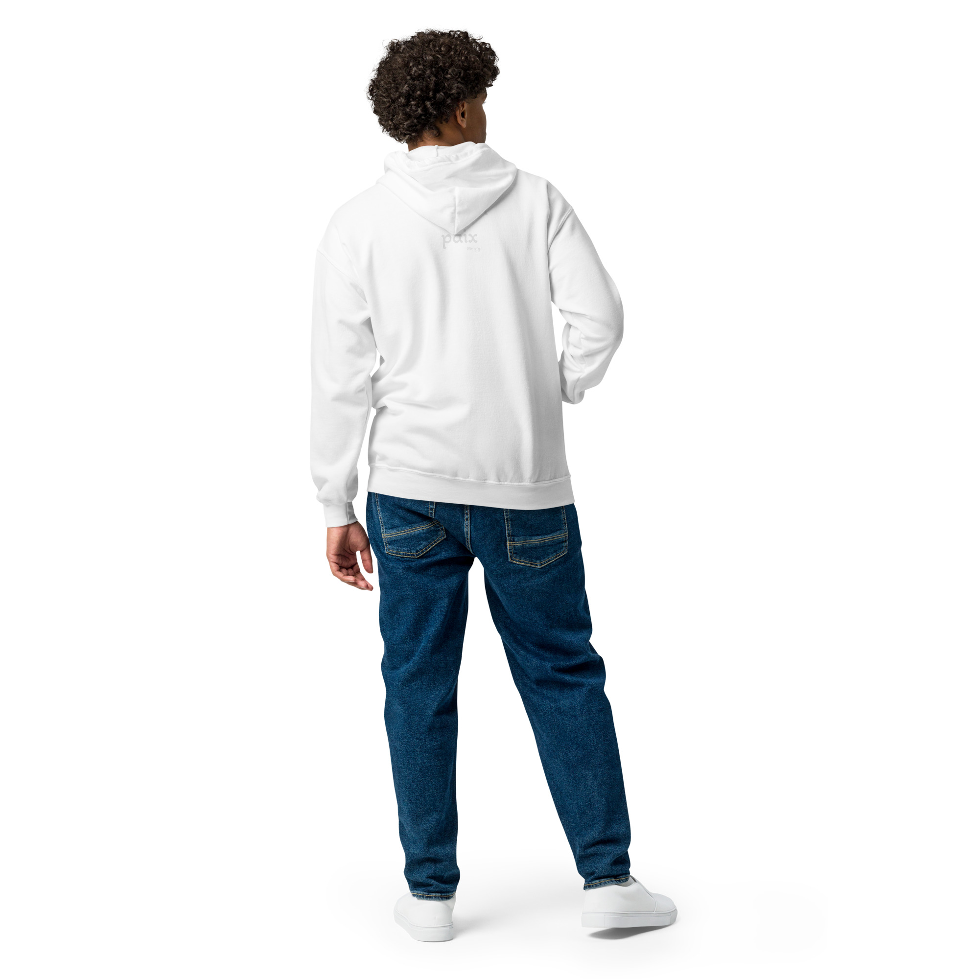 Sweat à capuche zippé unisexe KHAWNAN blanc, parole « Artisan de paix », vue de dos.