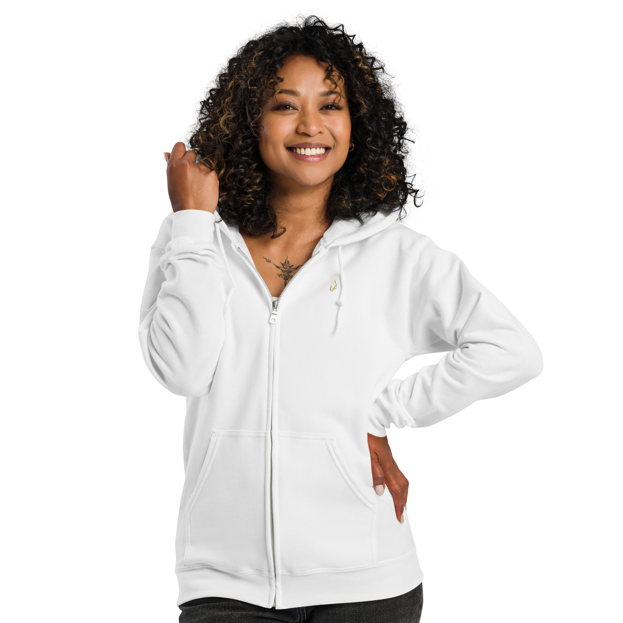 Sweat à capuche zippé unisexe KHAWNAN blanc, parole « Artisan de paix », vue de face.