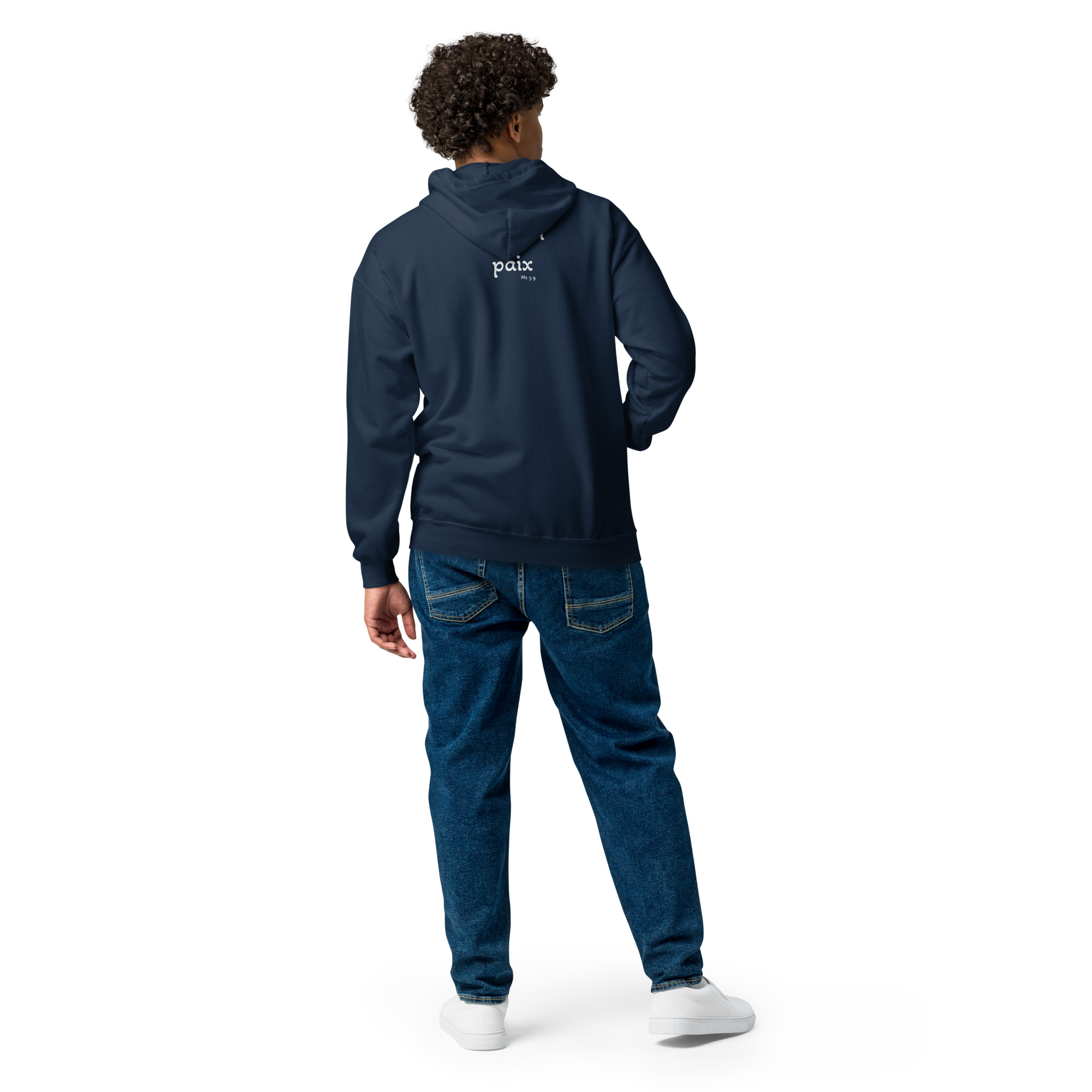 Sweat à capuche zippé unisexe KHAWNAN bleu marine, parole « Artisan de paix », vue de dos.