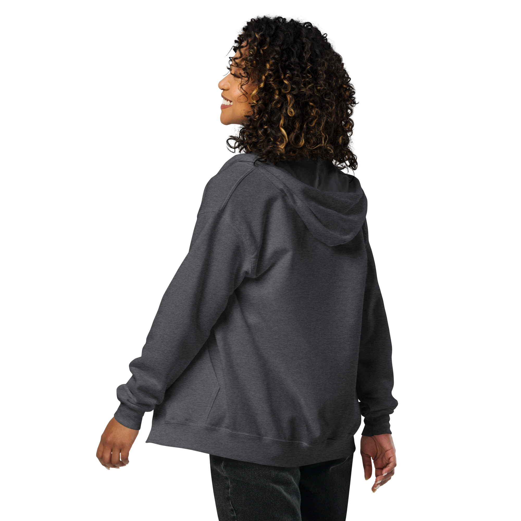 Sweat à capuche zippé unisexe KHAWNAN gris foncé chiné, parole « Artisan de paix », vue de dos.