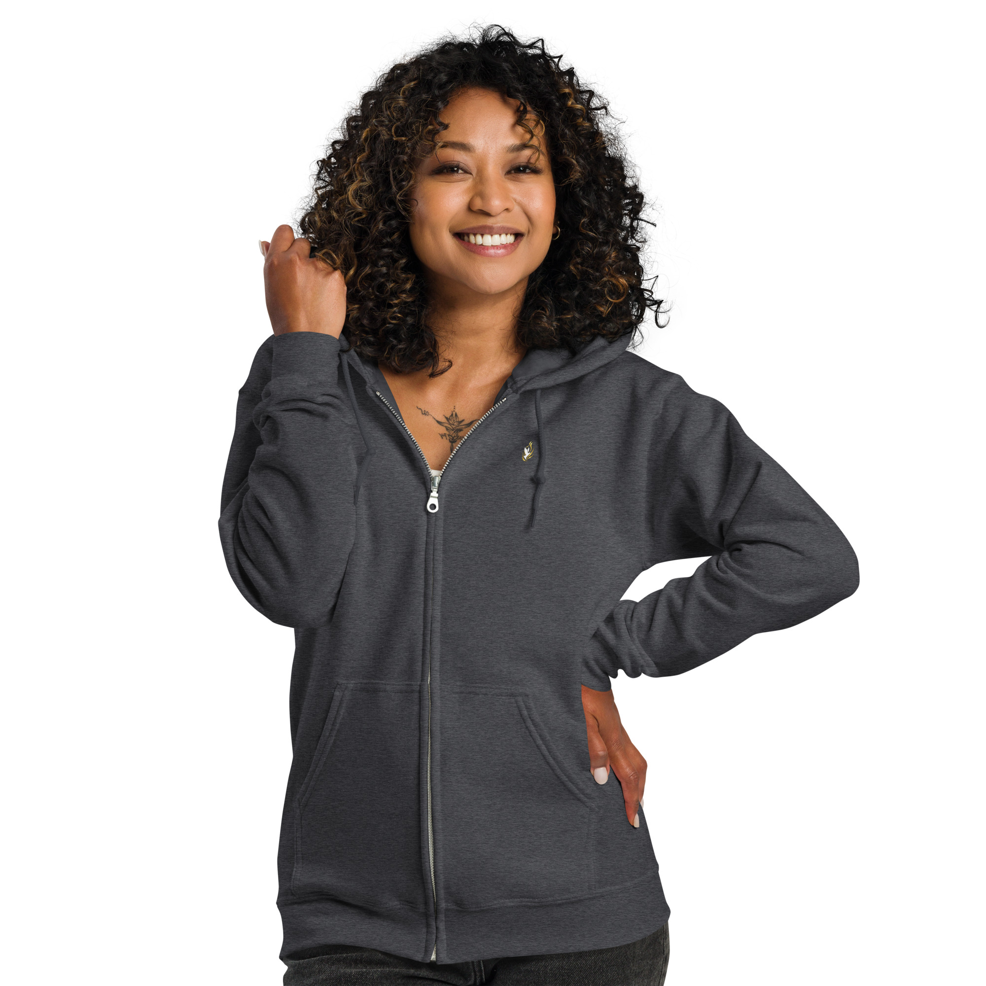 Sweat à capuche zippé unisexe KHAWNAN, parole « Artisan de paix », vue de face.