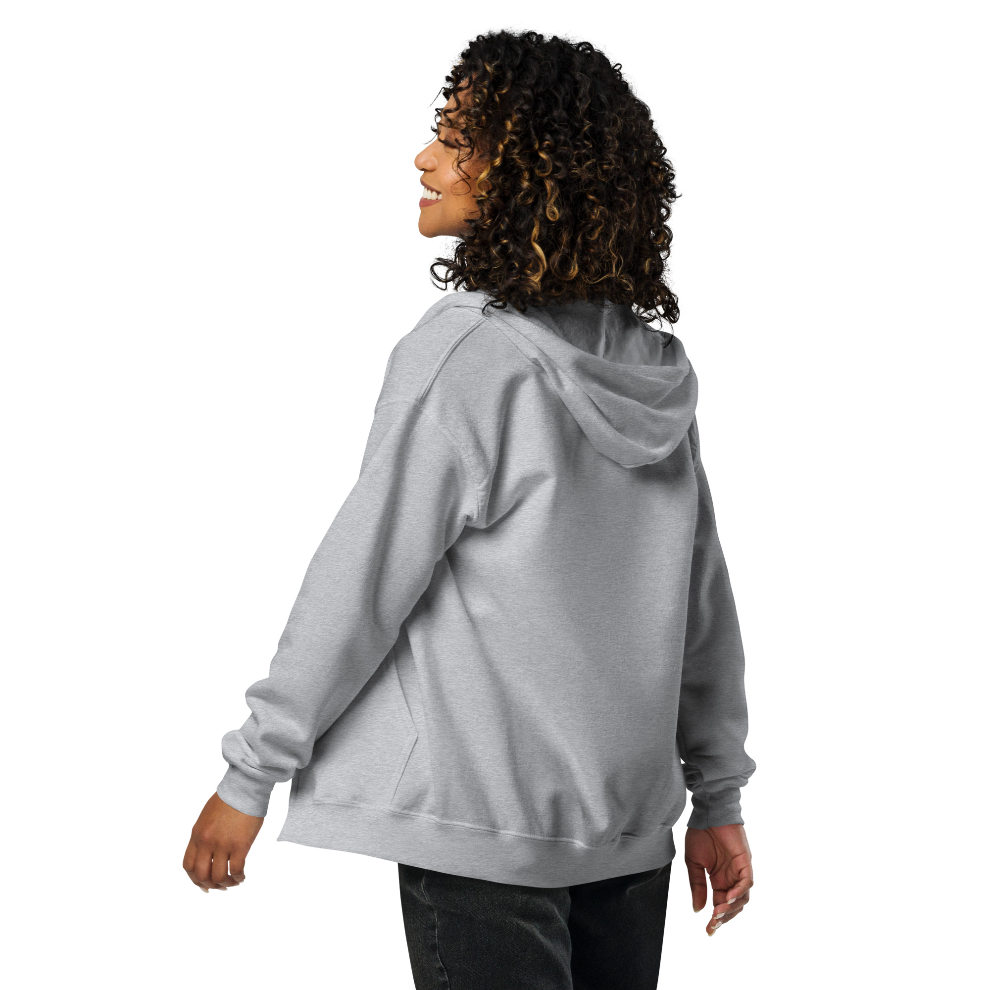 Sweat à capuche zippé unisexe KHAWNAN gris sport, parole « Artisan de paix », vue de dos.