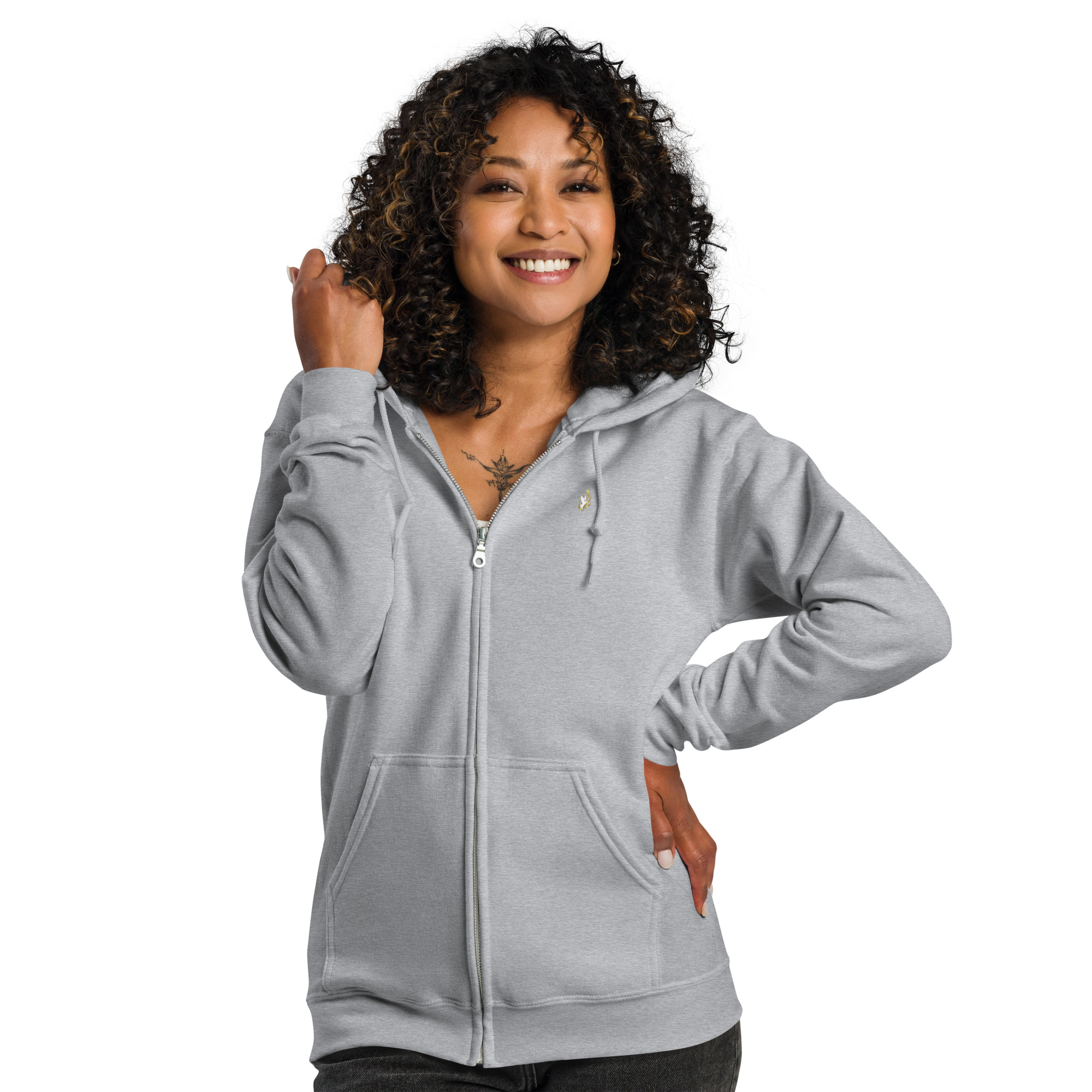 Sweat à capuche zippé unisexe KHAWNAN gris sport, parole « Artisan de paix », vue de face.