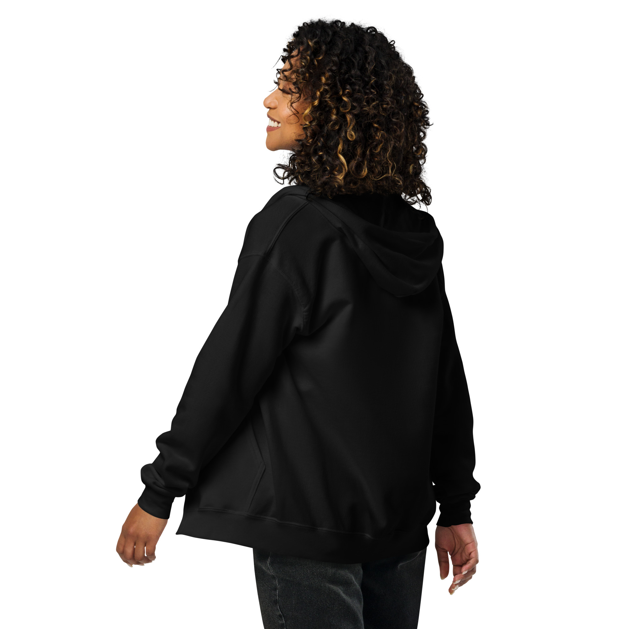 Sweat à capuche zippé unisexe KHAWNAN noir, parole « Artisan de paix », vue de dos.