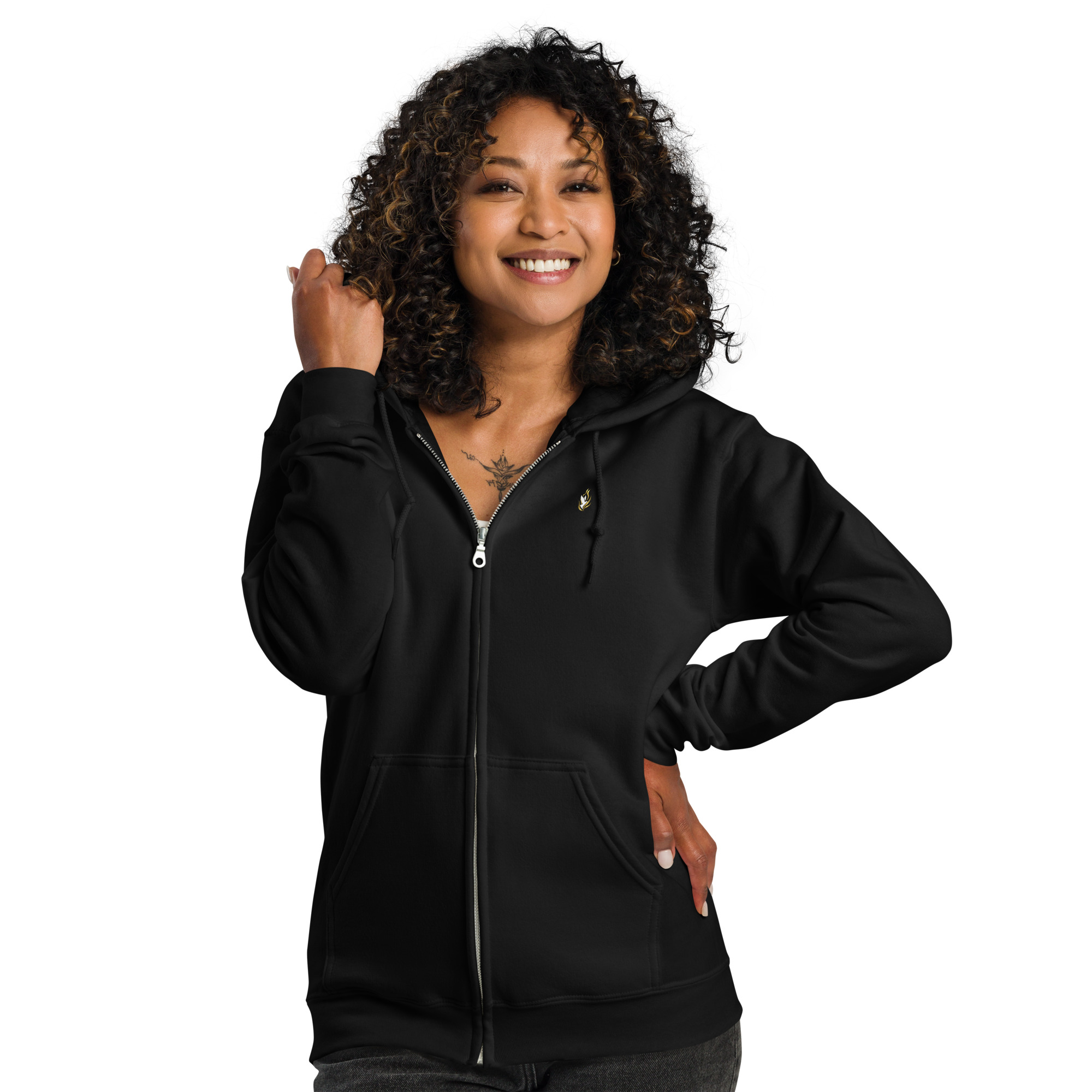Sweat à capuche zippé unisexe KHAWNAN noir, parole « Artisan de paix », vue de face.