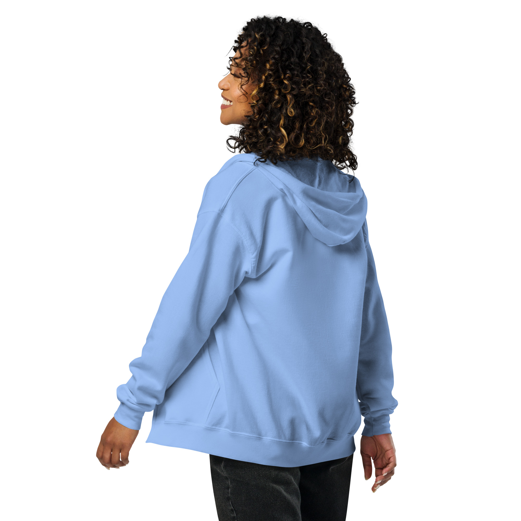 Sweat à capuche zippé unisexe KHAWNAN bleu, parole « Artisan de paix ».