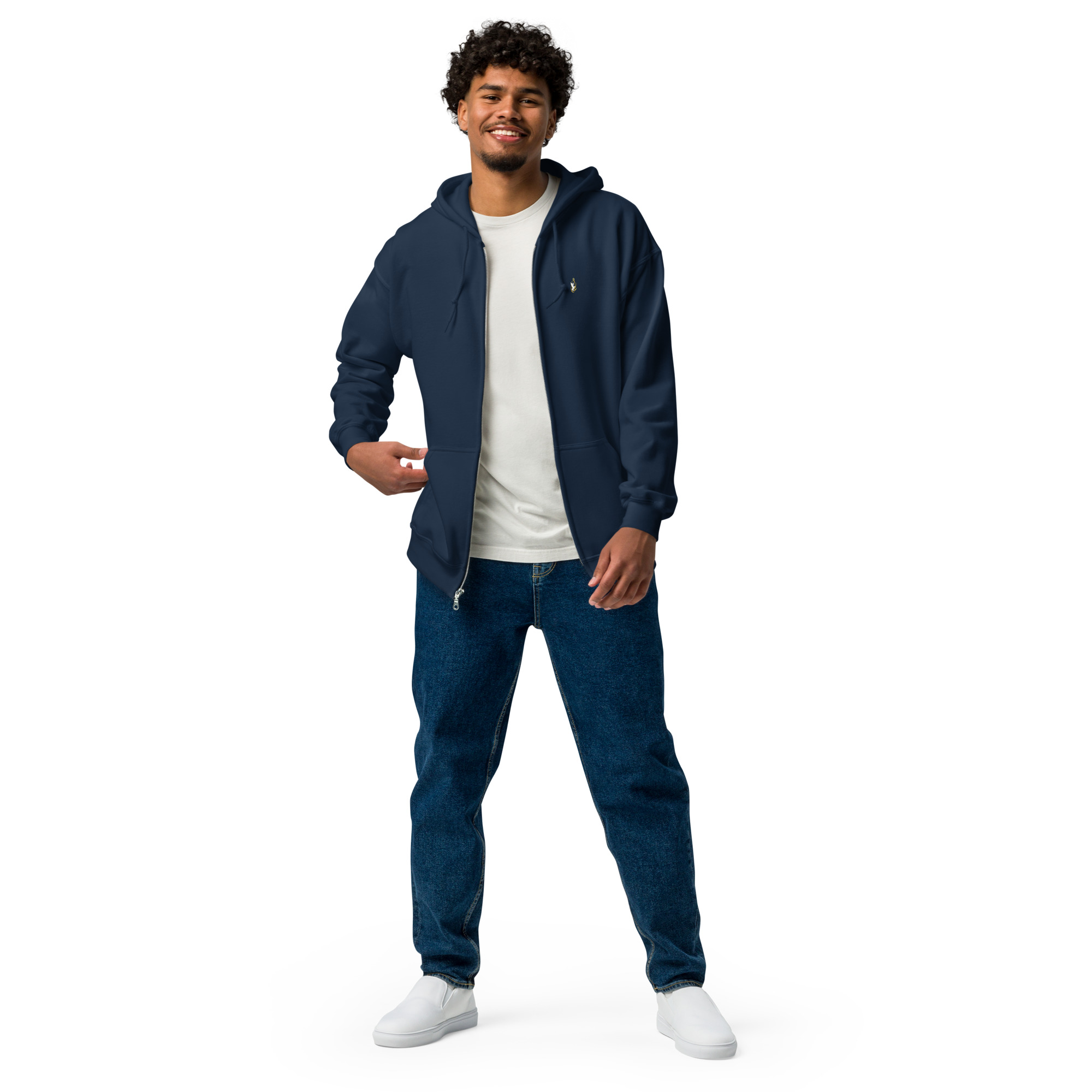 Sweat à capuche zippé unisexe KHAWNAN bleu marine, parole « Dieu m’utilise puissamment », vue de face.