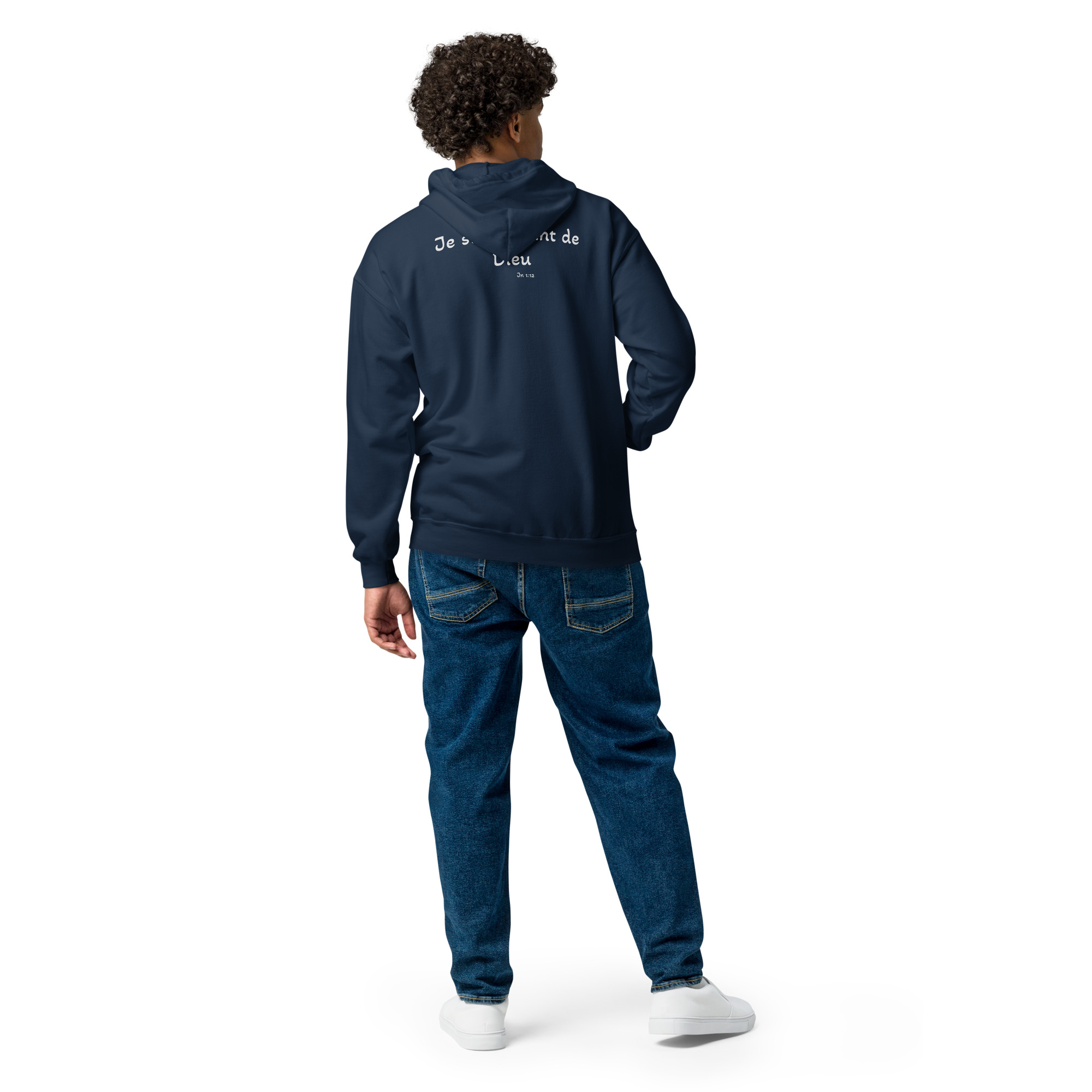 Sweat à capuche zippé unisexe KHAWNAN bleu marine, parole « Je suis enfant de Dieu », vue de dos.