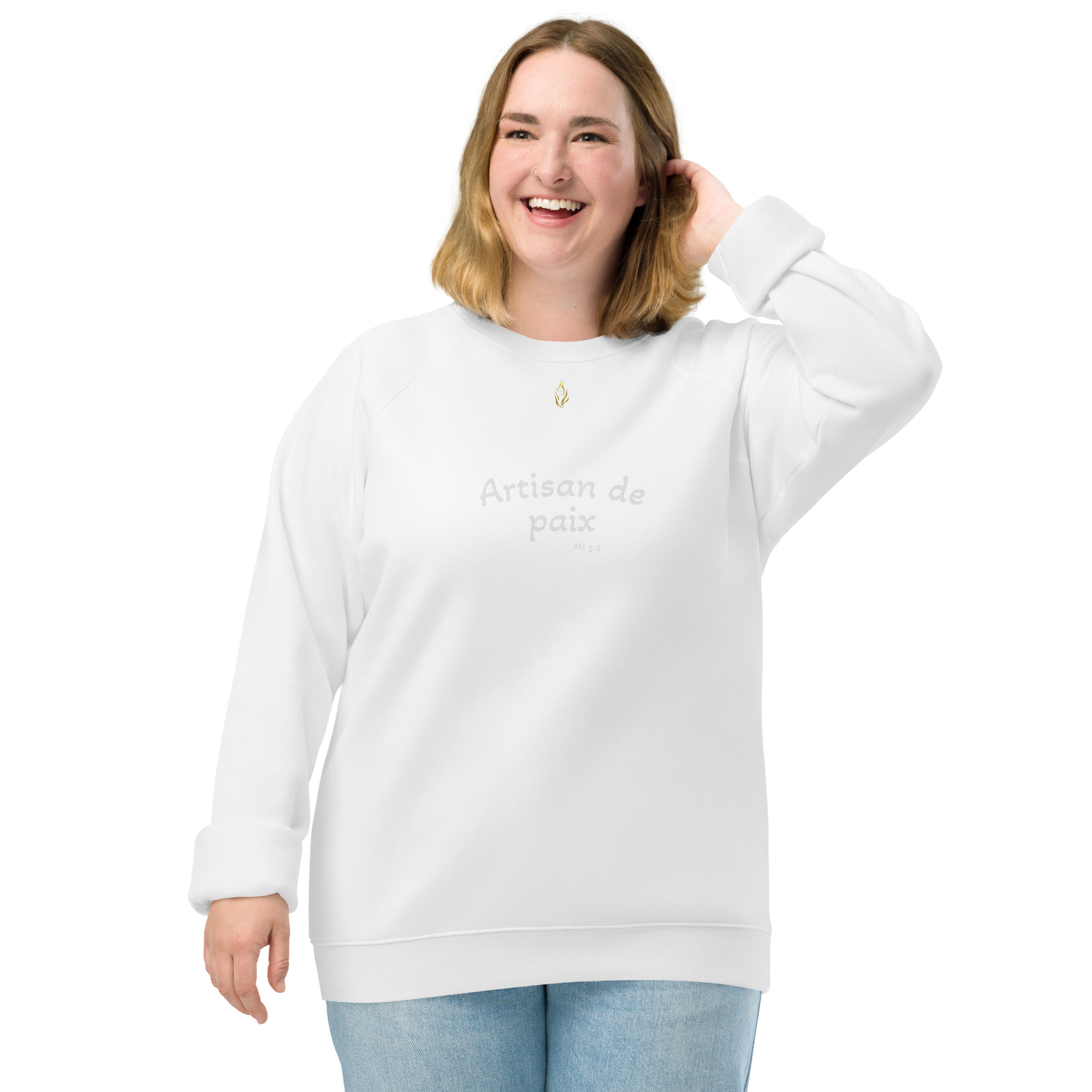 Sweatshirt écologique unisexe KHAWNAN blanc, parole « Artisan de paix », vue de face.