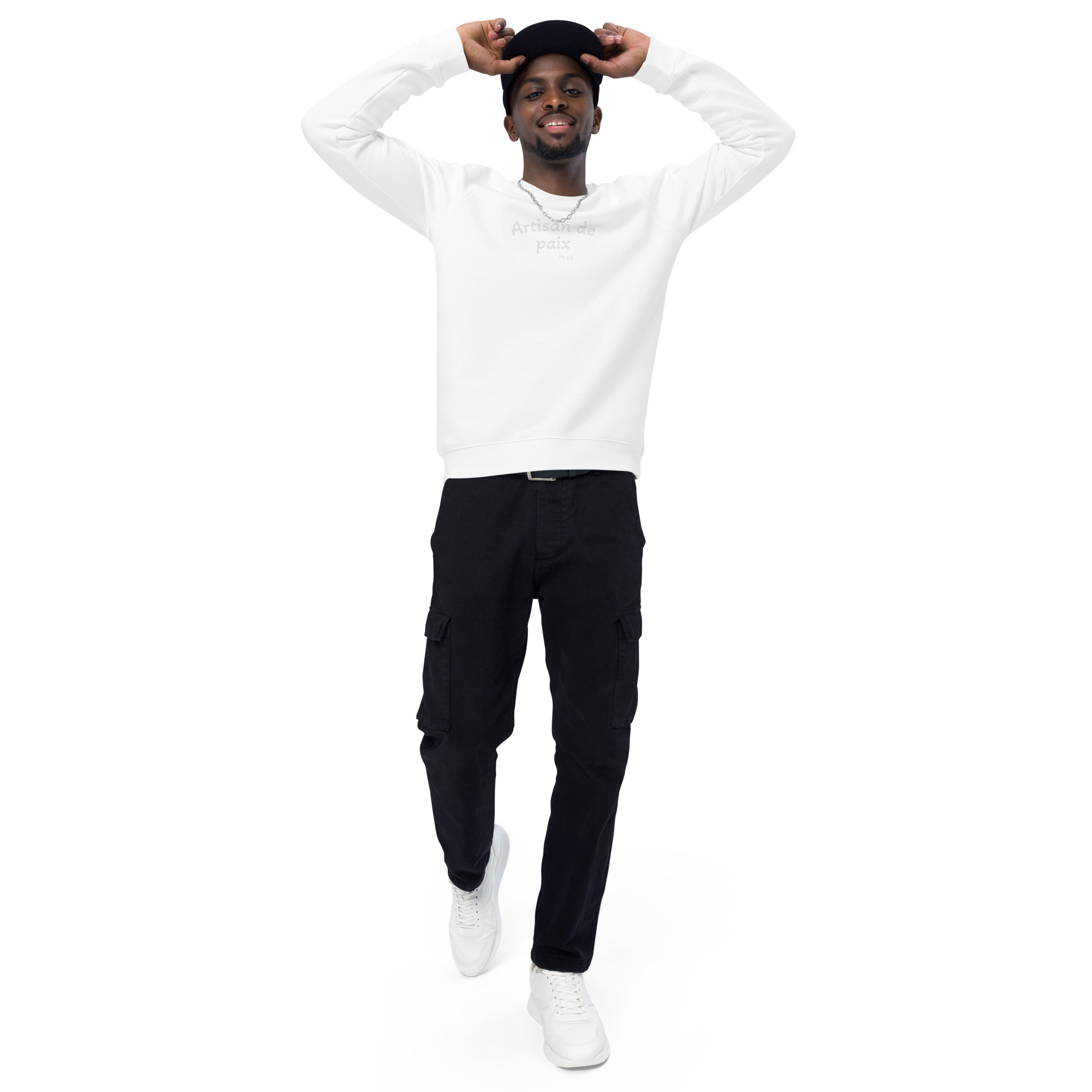Sweatshirt écologique unisexe KHAWNAN blanc, parole « Artisan de paix », vue de face.