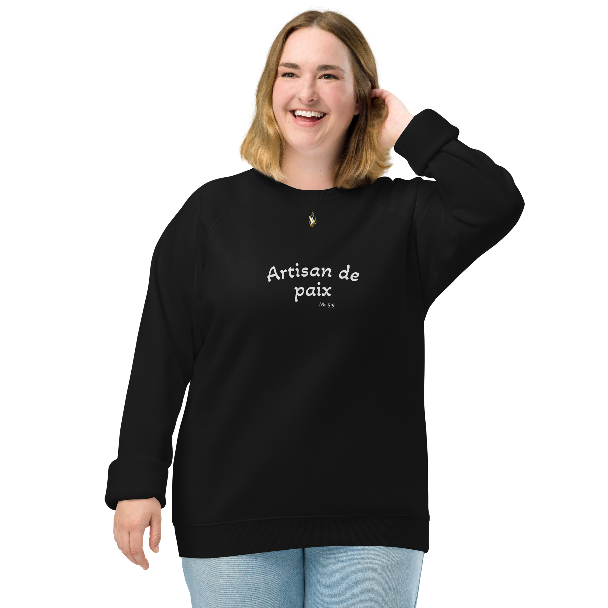Sweatshirt écologique unisexe KHAWNAN noir, parole « Artisan de paix », vue de face.