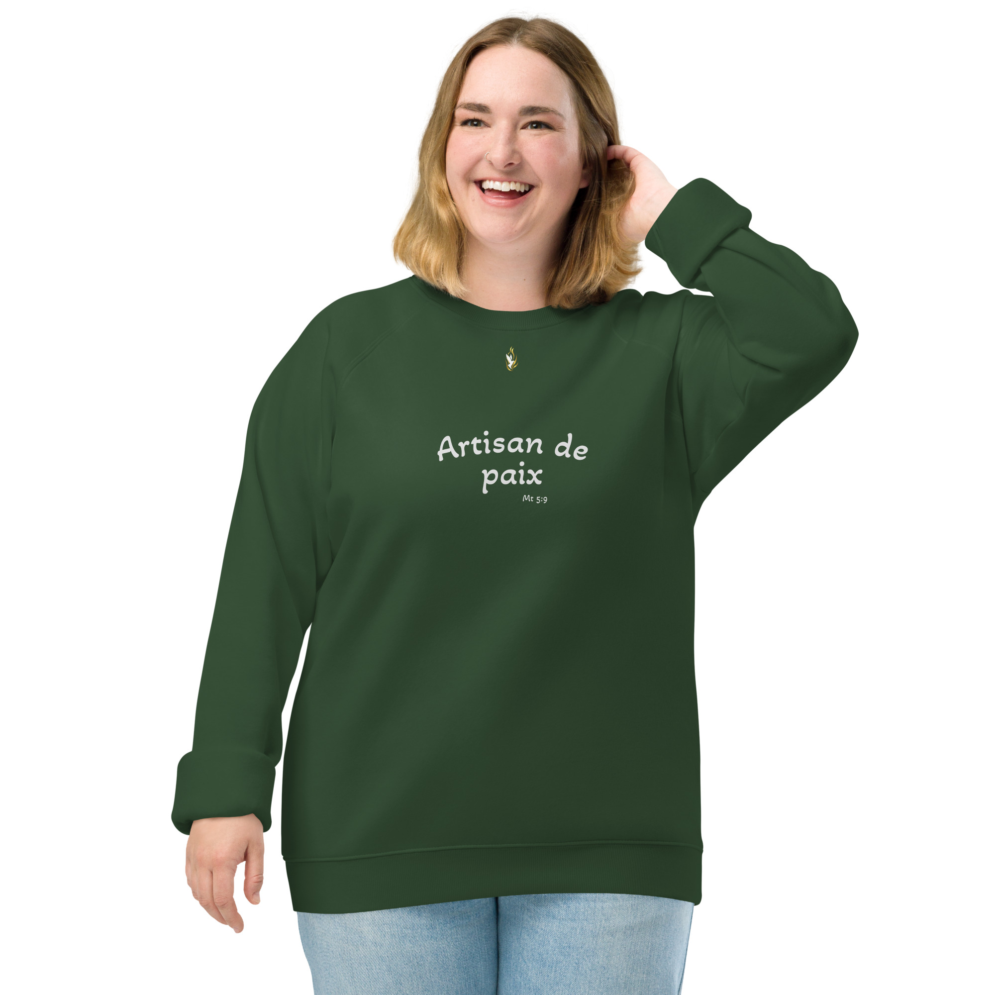 Sweatshirt écologique unisexe KHAWNAN vert bouteille, parole « Artisan de paix ».