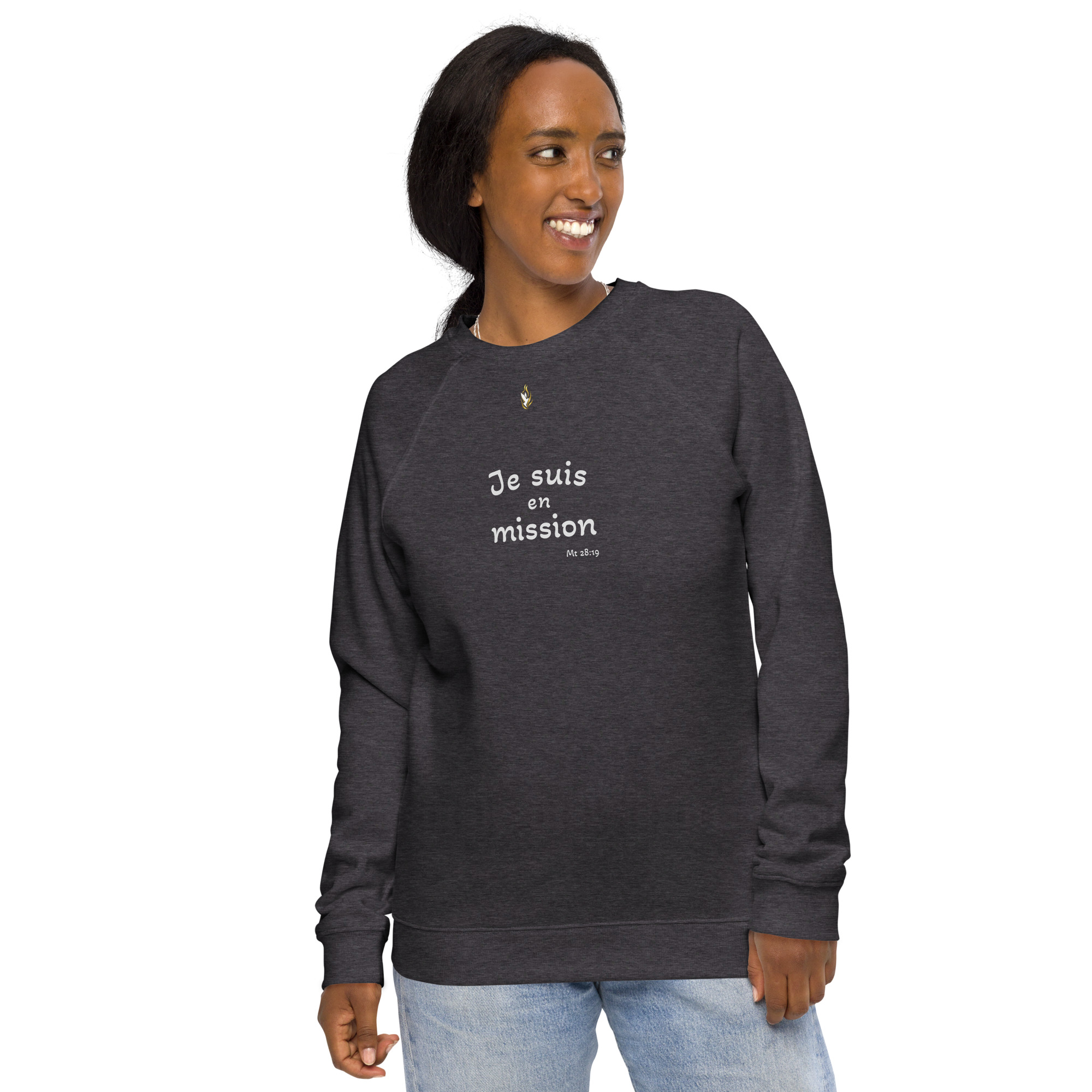 Sweatshirt écologique unisexe KHAWNAN anthracite chiné, parole « Je suis en mission », vue de face.