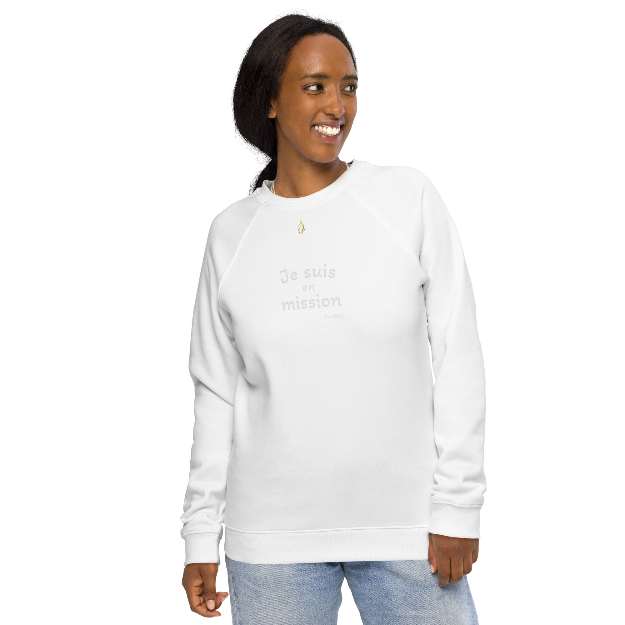 Sweatshirt écologique unisexe KHAWNAN blanc, parole « Je suis en mission », vue de face.