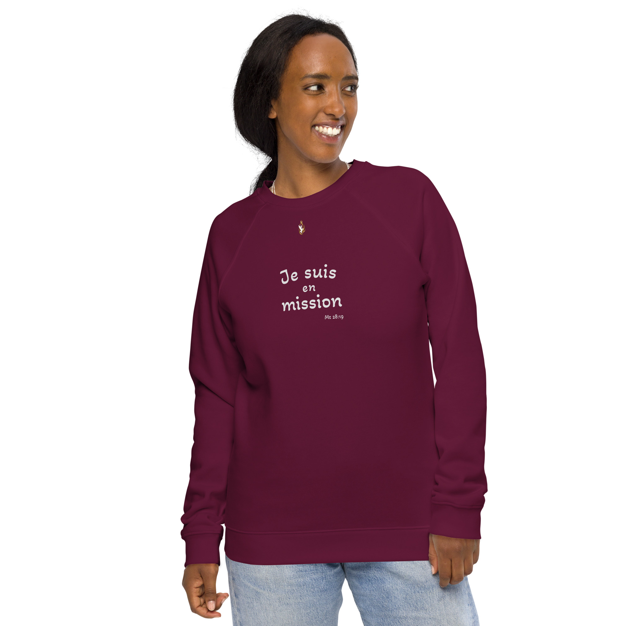 Sweatshirt écologique unisexe KHAWNAN bordeaux profond, parole « Je suis en mission », vue de face.