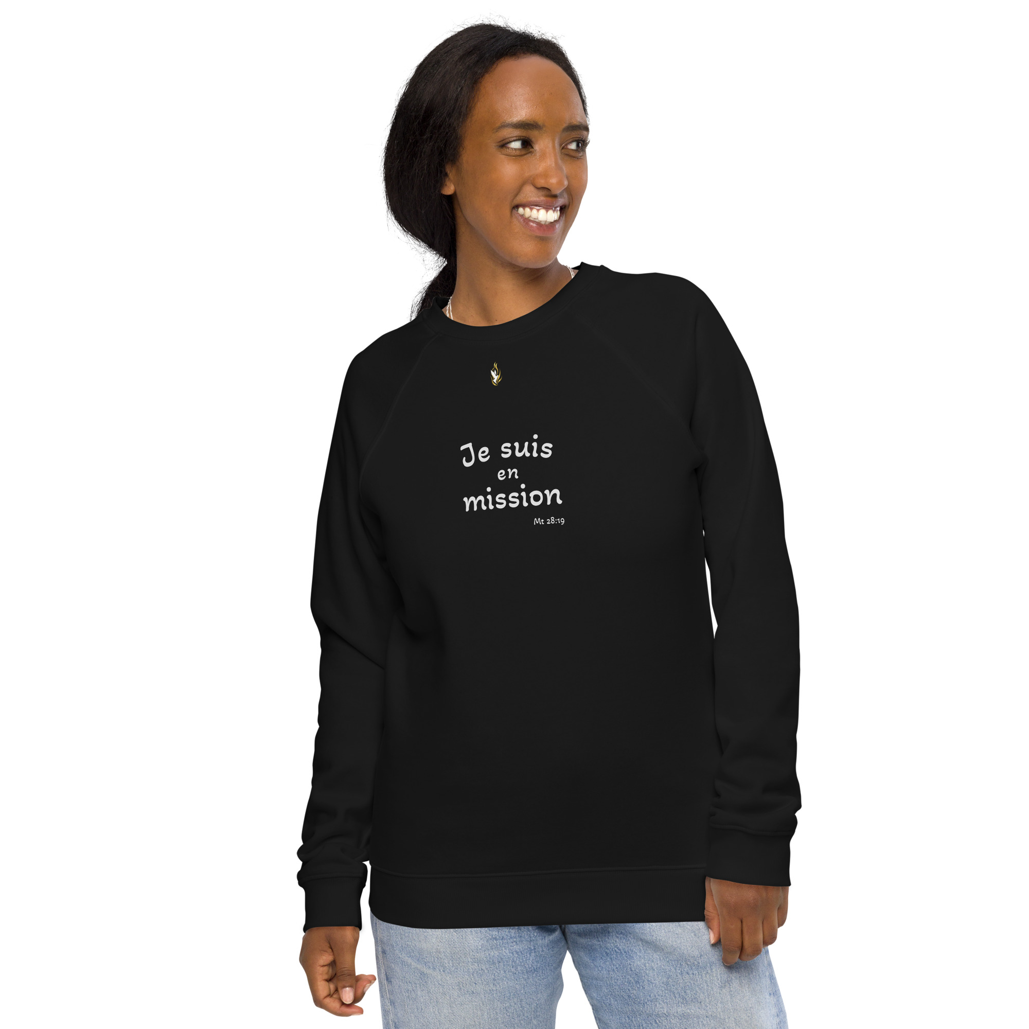 Sweatshirt écologique unisexe KHAWNAN noir, parole « Je suis en mission », vue de face.