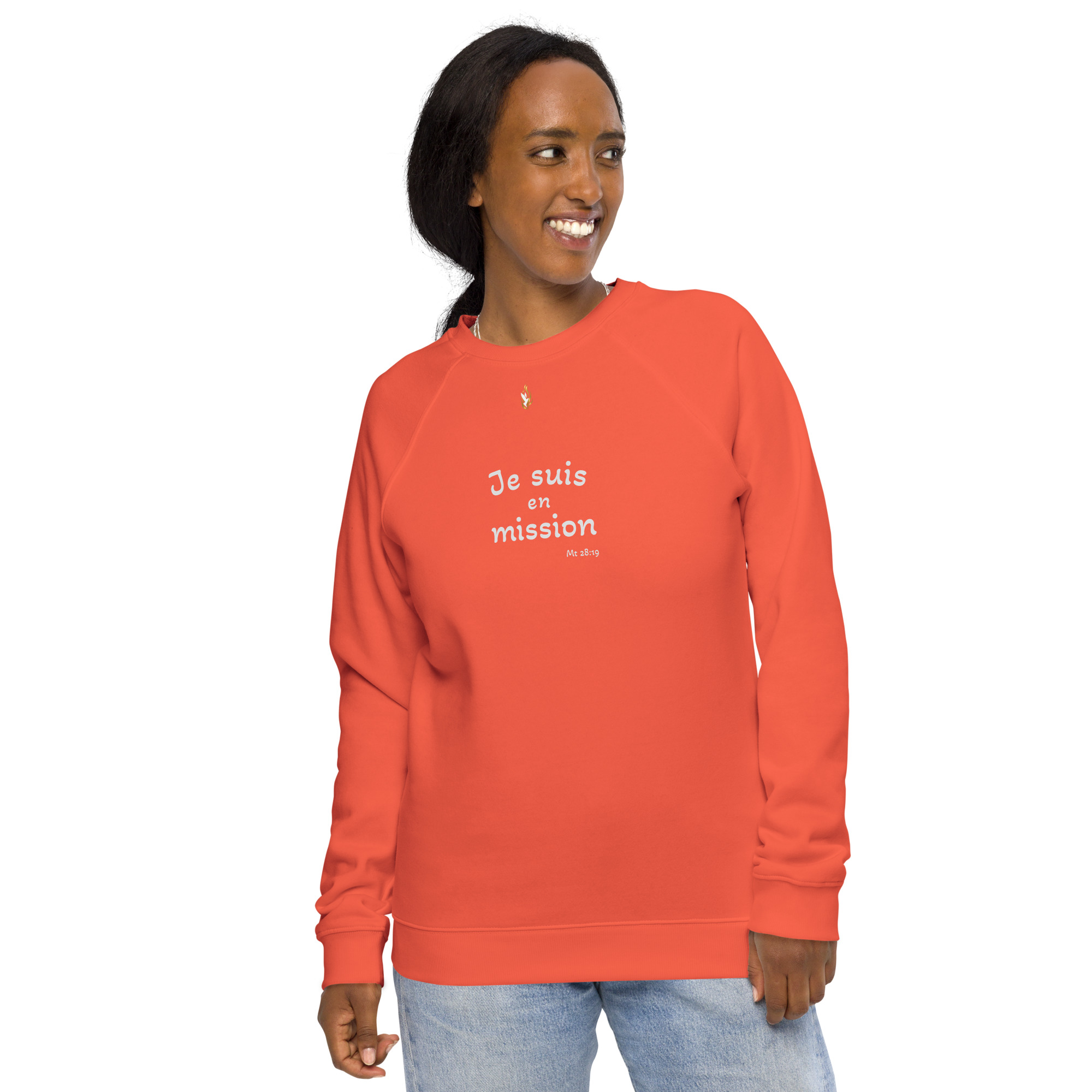 Sweatshirt écologique unisexe KHAWNAN orange, parole « Je suis en mission », vue de face.