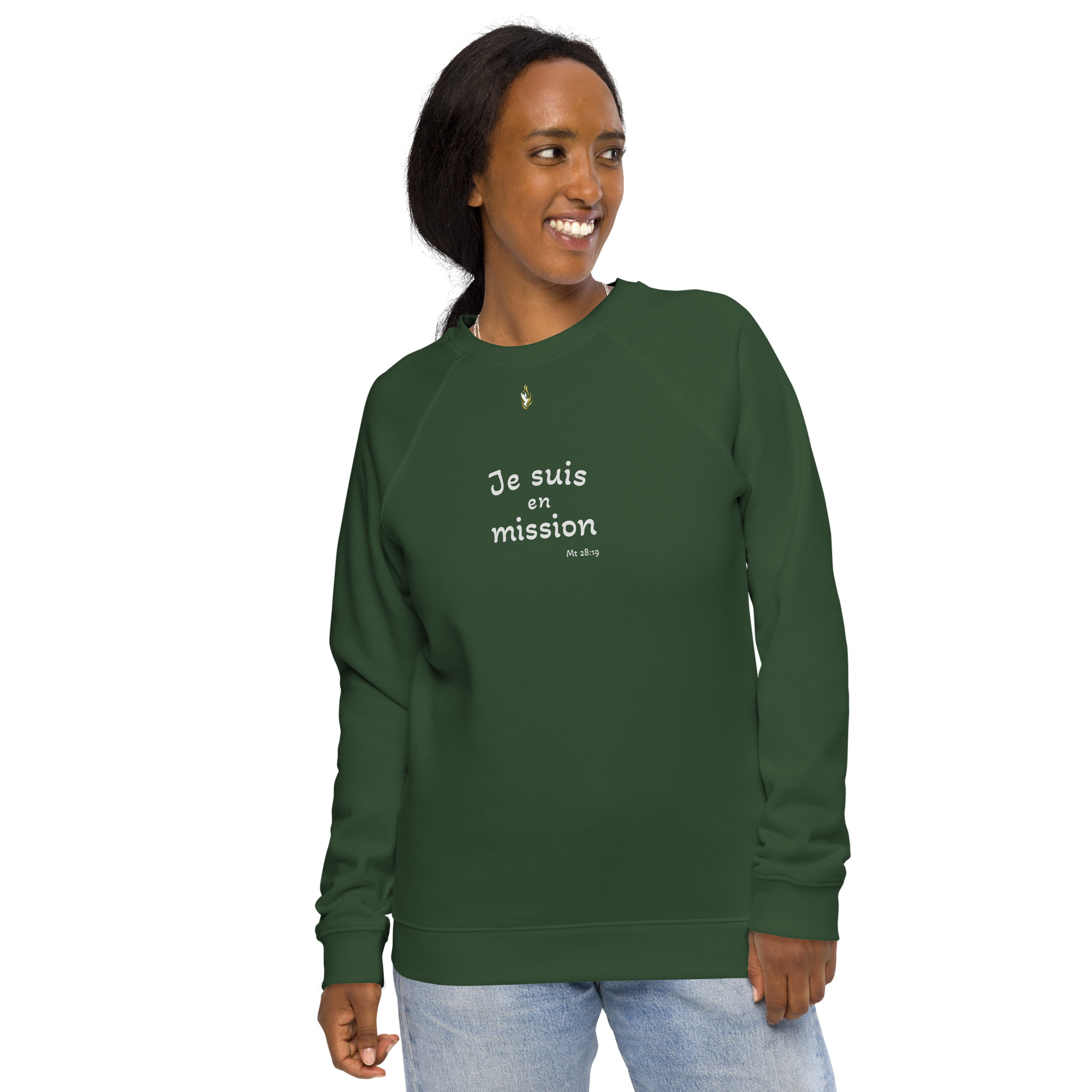 Sweatshirt écologique unisexe KHAWNAN vert bouteille, parole « Je suis en mission », vue de face.