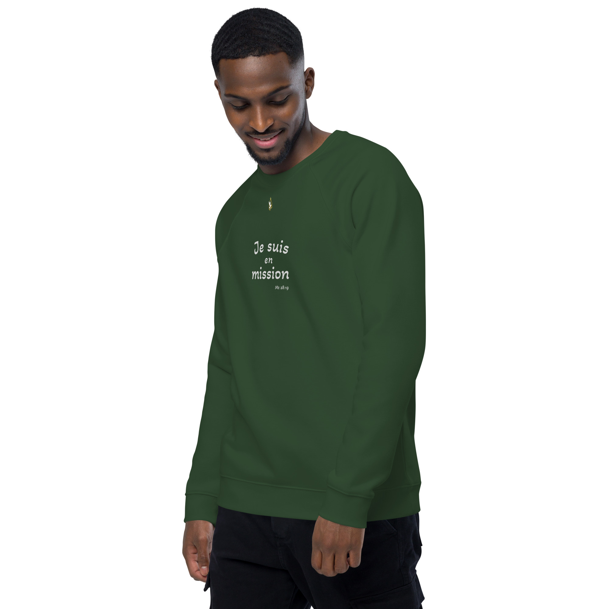 Sweatshirt écologique unisexe KHAWNAN, parole « Je suis en mission », vue de trois quarts gauche.