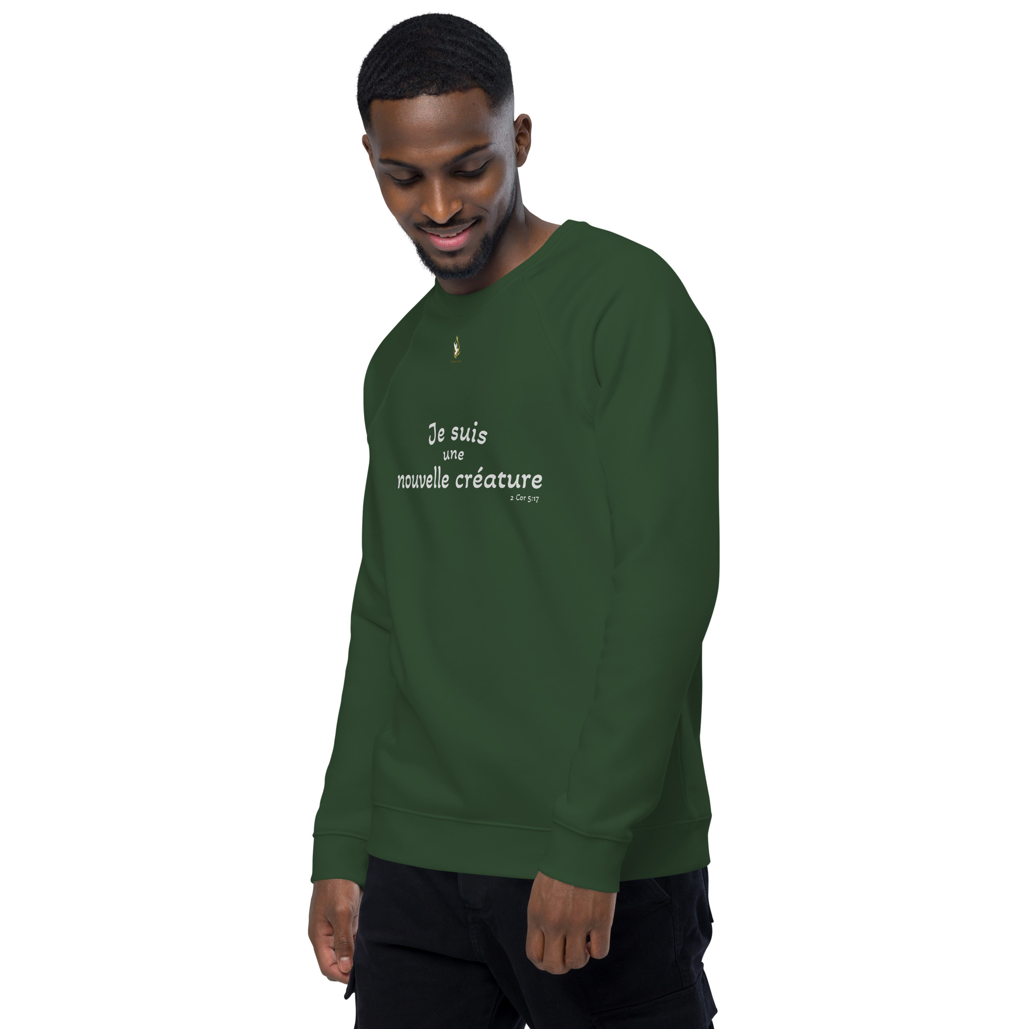 Sweatshirt écologique unisexe KHAWNAN, parole « Je suis une nouvelle créature », vue de trois quarts gauche.
