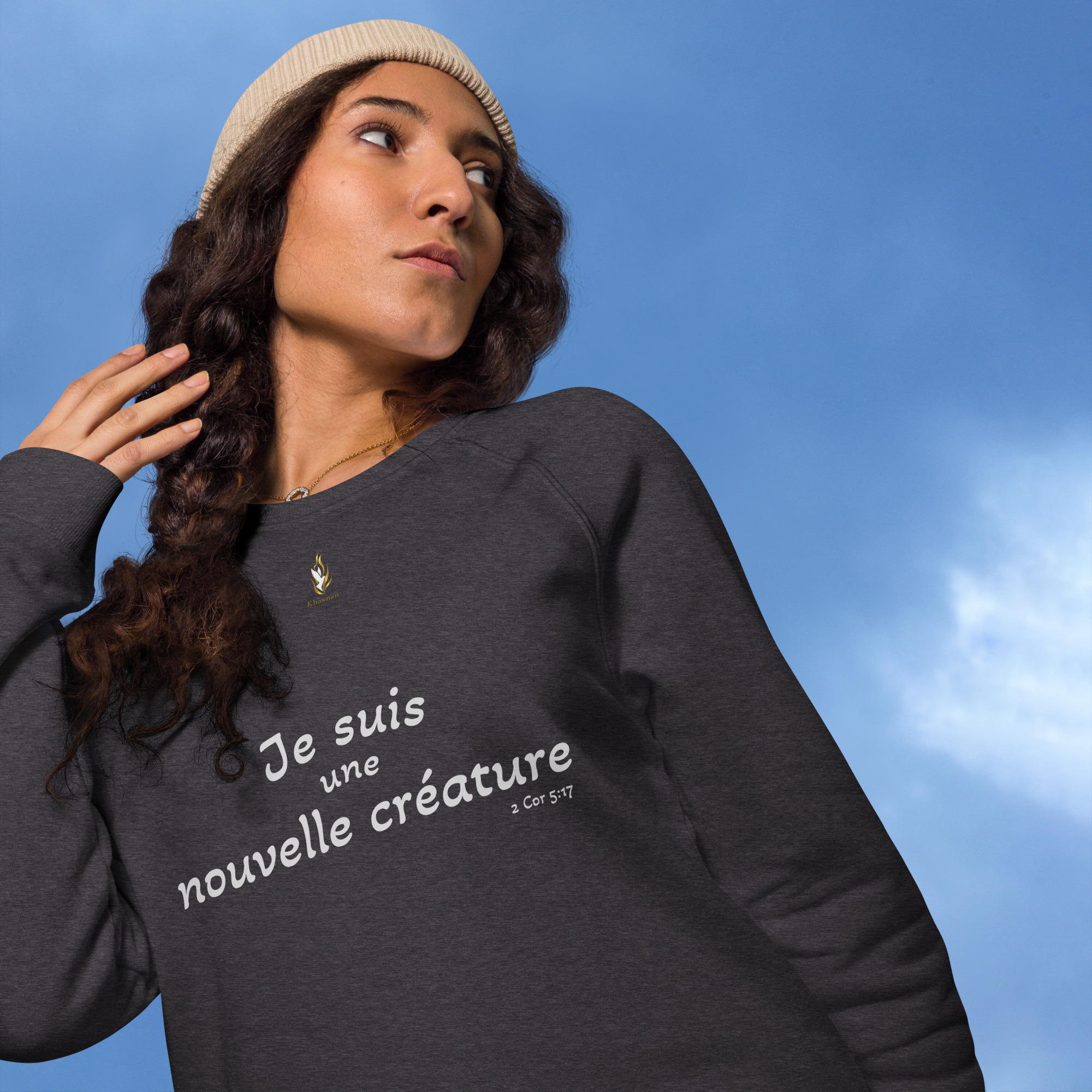 Sweatshirt écologique unisexe KHAWNAN anthracite chiné, parole « Je suis une nouvelle créature ».