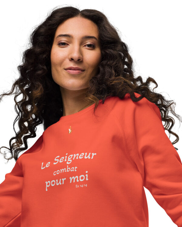 Sweatshirt écologique unisexe KHAWNAN orange, parole « Le Seigneur combat pour moi ».