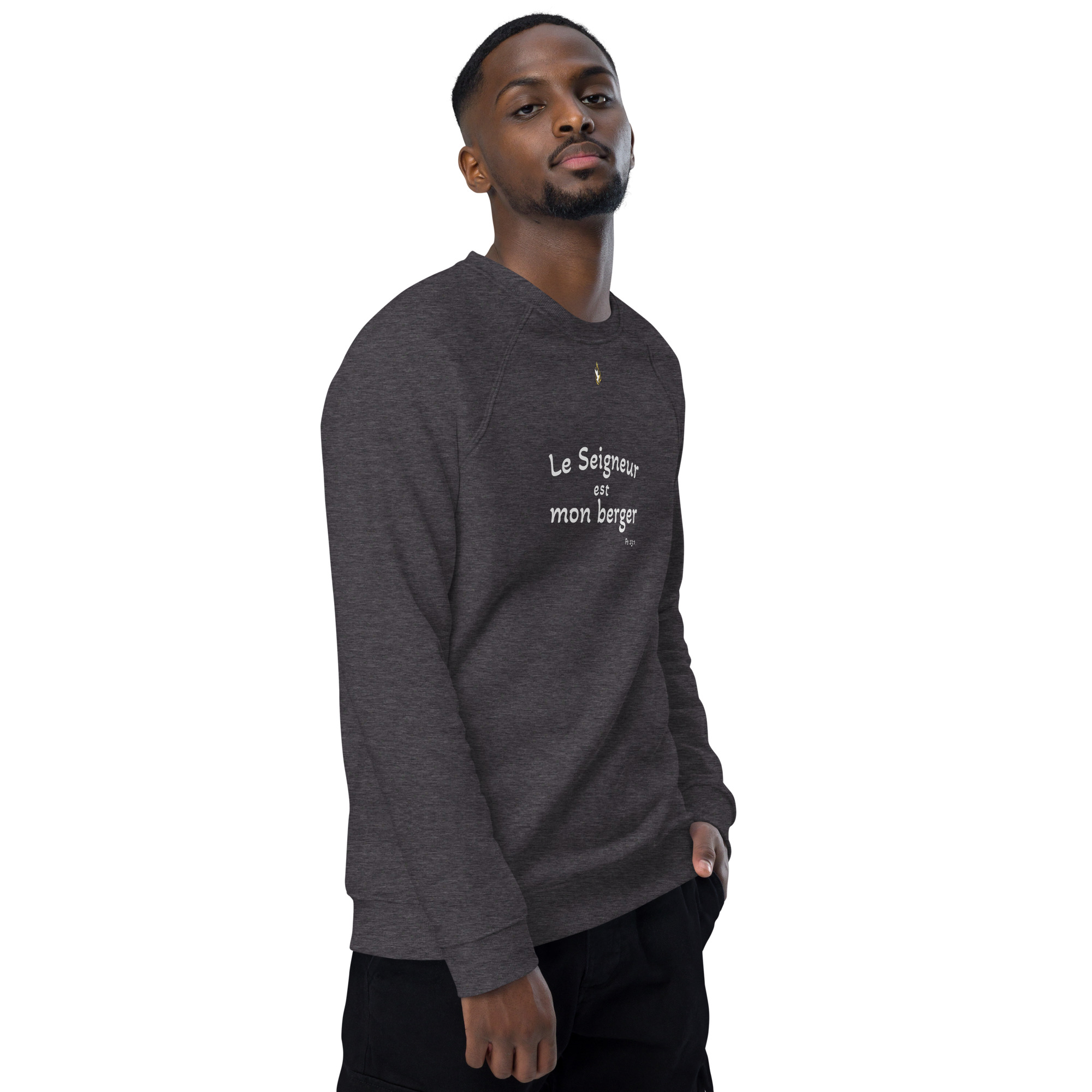 Sweatshirt écologique unisexe KHAWNAN anthracite, parole « Le Seigneur est mon berger », vue de trois quarts droite.