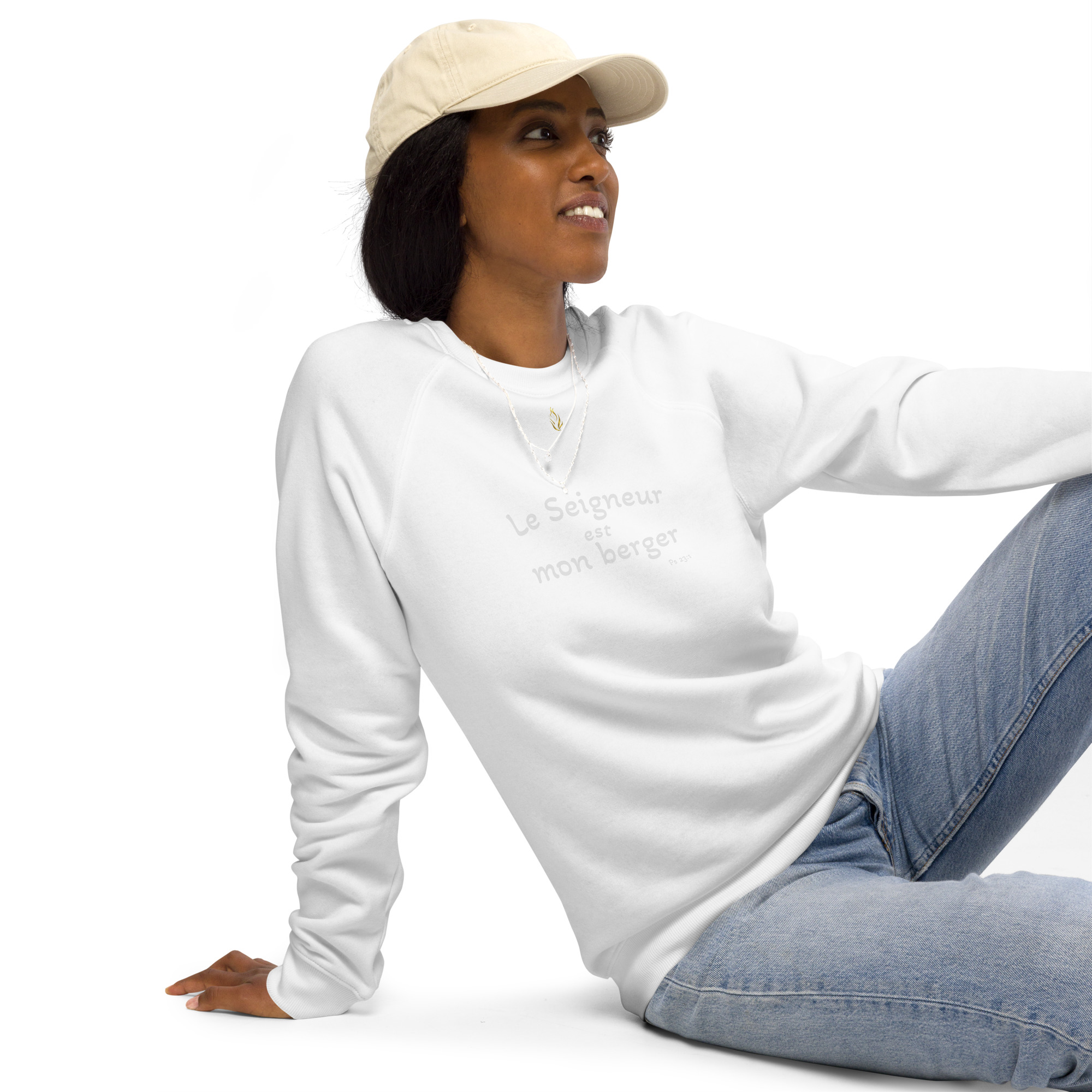 Sweatshirt écologique unisexe KHAWNAN blanc, parole « Le Seigneur est mon berger », vue de face.