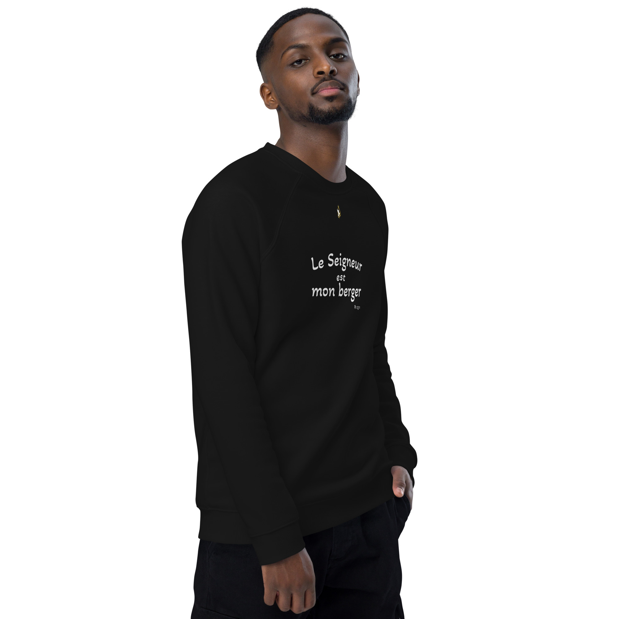 Sweatshirt écologique unisexe KHAWNAN noir, parole « Le Seigneur est mon berger », vue de trois quarts droite.