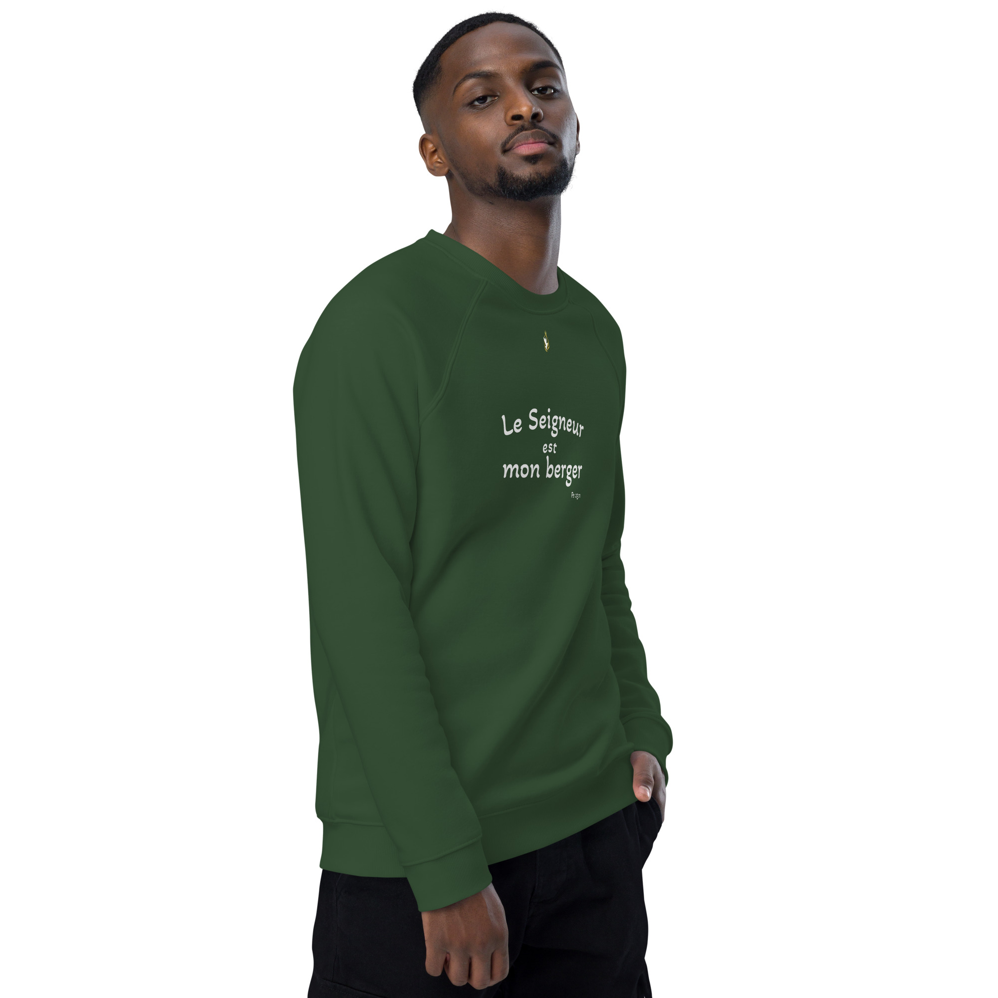 Sweatshirt écologique unisexe KHAWNAN, parole « Le Seigneur est mon berger », vue de trois quarts droite.