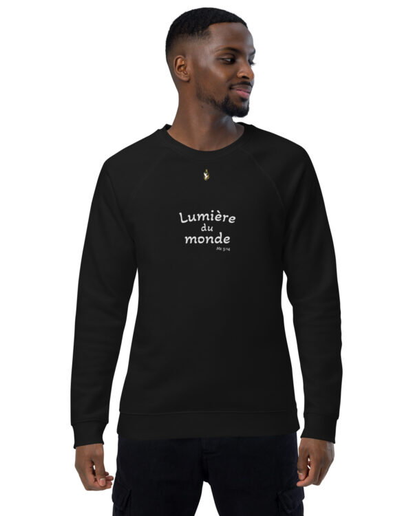 Sweatshirt écologique unisexe KHAWNAN noir, parole « Lumière du monde ».
