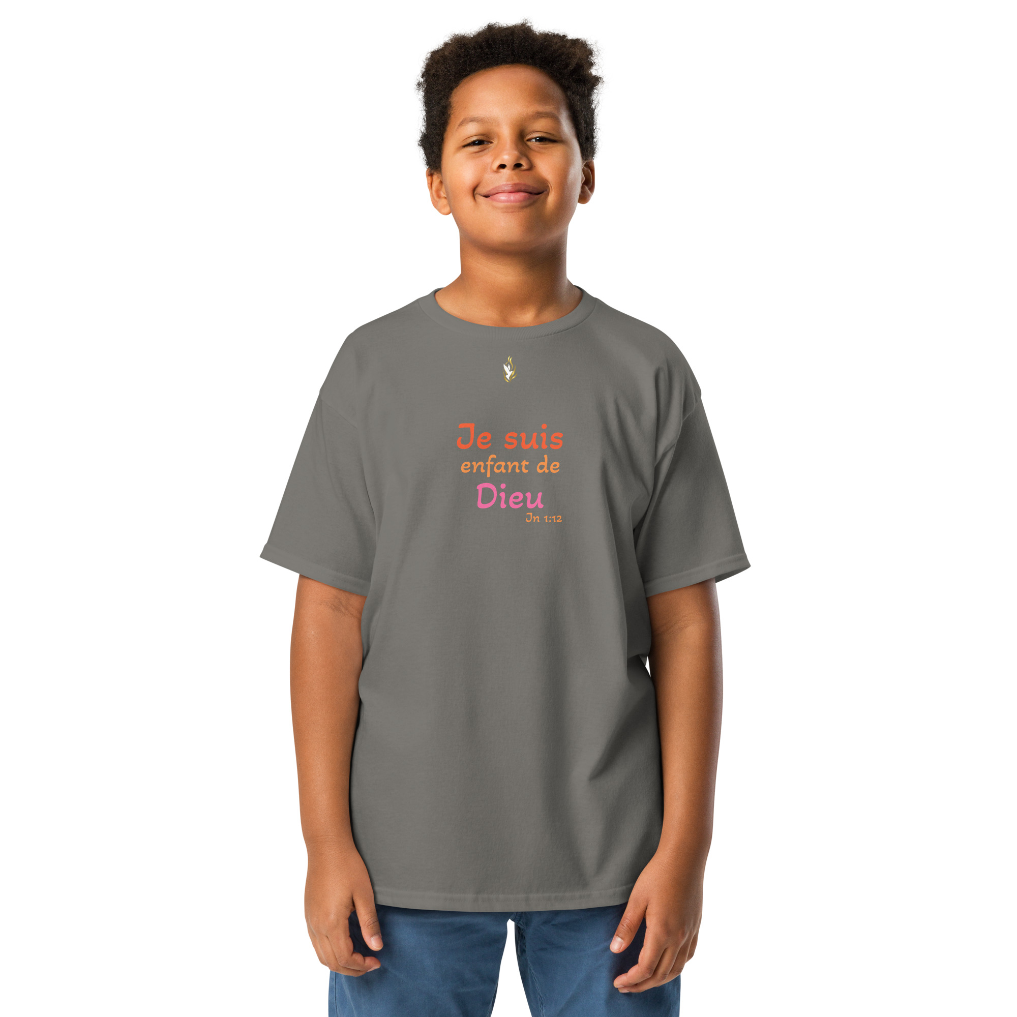 T-shirt classique enfant KHAWNAN anthracite, parole « Je suis enfant de Dieu », vue de face.