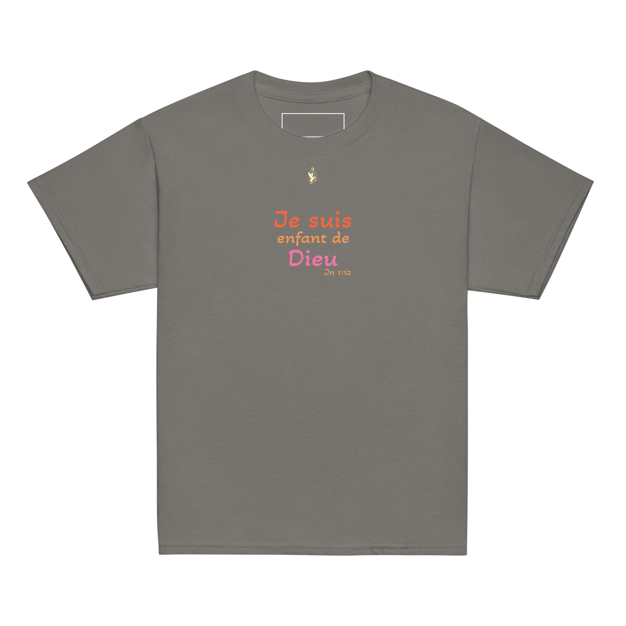 T-shirt classique enfant KHAWNAN anthracite, parole « Je suis enfant de Dieu », vue de face.