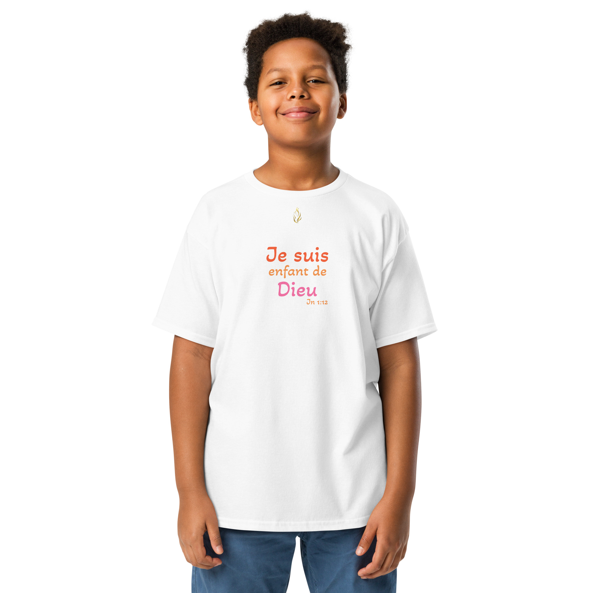 T-shirt classique enfant KHAWNAN blanc, parole « Je suis enfant de Dieu », vue de face.
