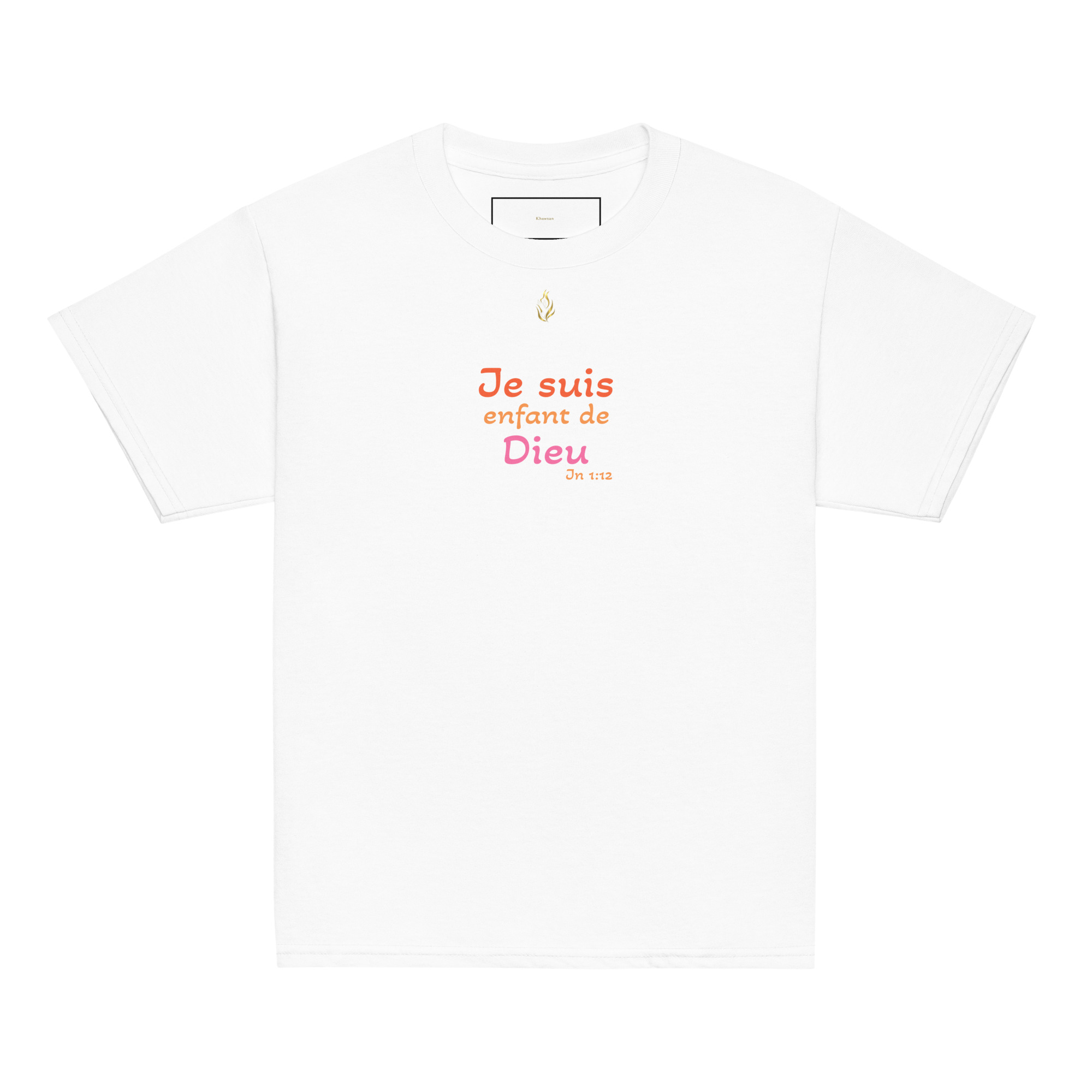 T-shirt classique enfant KHAWNAN blanc, parole « Je suis enfant de Dieu », vue de face.