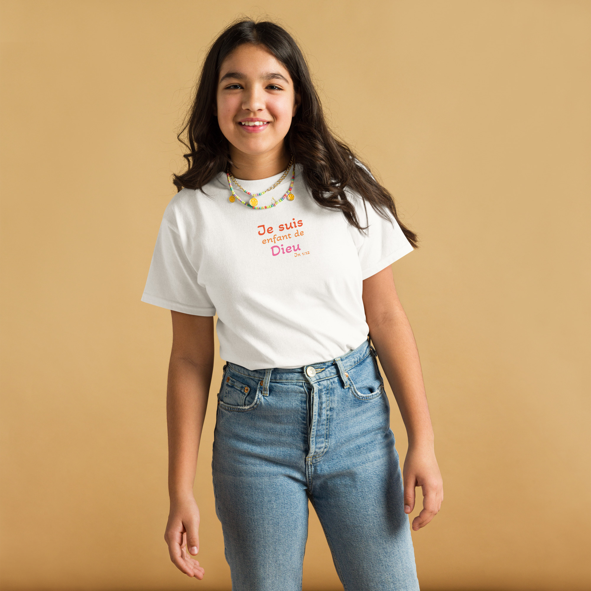 T-shirt classique enfant KHAWNAN blanc, parole « Je suis enfant de Dieu », vue de face.